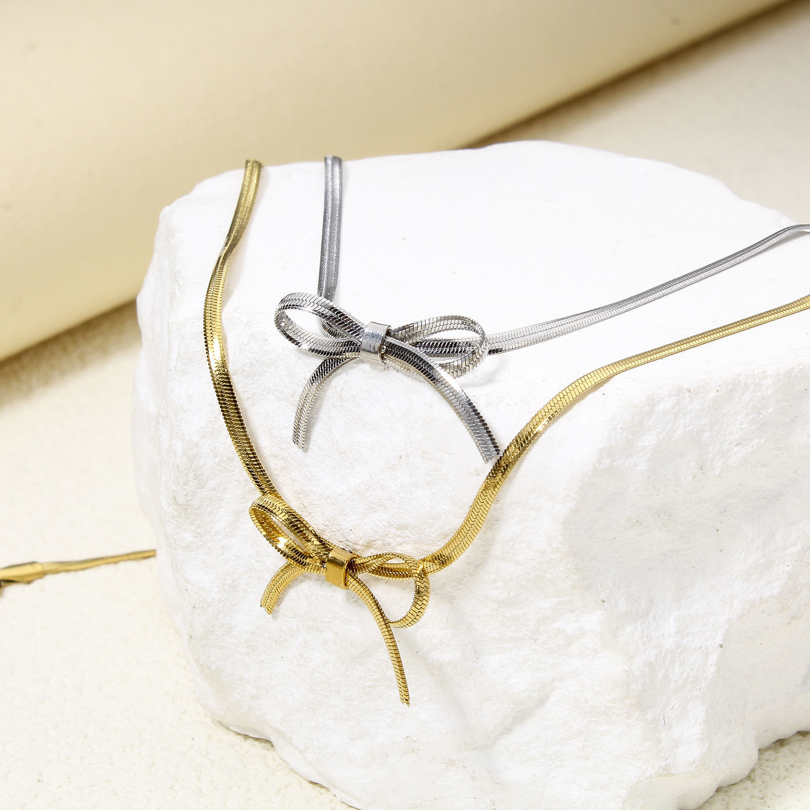 Picture of 304 Stainless Steel Flat Snake Chain Necklace Bowknot With Lobster Claw Clasp And Extender Chain 32.5cm(12 6/8") long
