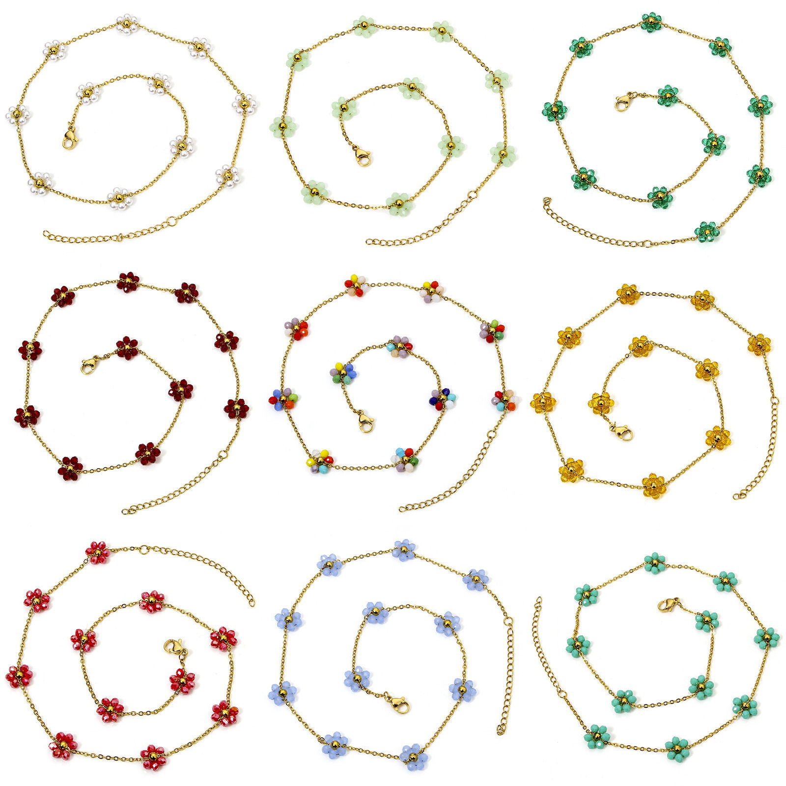 Image de 1 Pièce Colliers Chaîne Perlée en 304 Acier Inoxydable Placage sous Vide Plaqué Or 18K Fleurs avec Fermoir Mousqueton et Chaîne d'Extension 39cm Long