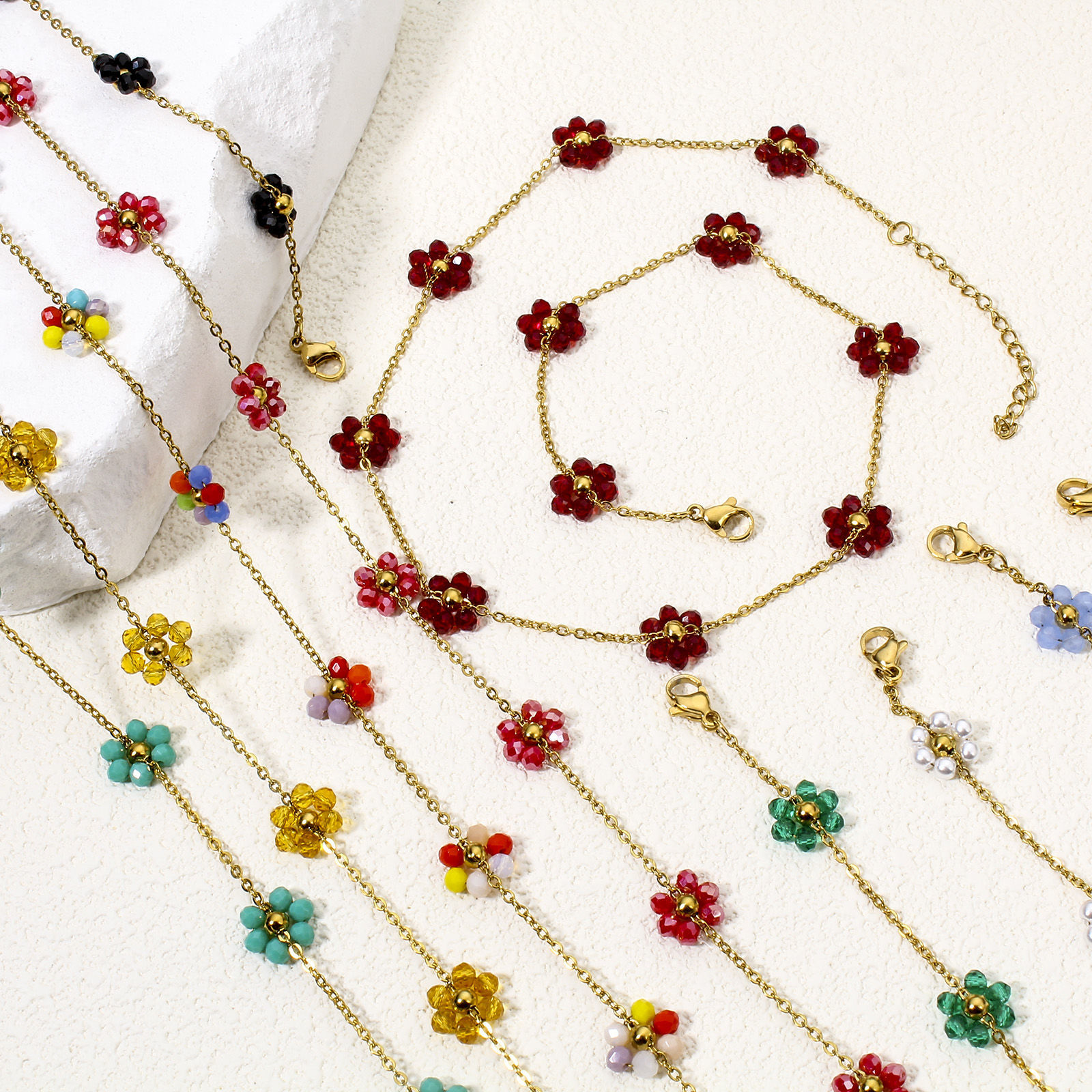 Image de 1 Pièce Colliers Chaîne Perlée en 304 Acier Inoxydable Placage sous Vide Plaqué Or 18K Fleurs avec Fermoir Mousqueton et Chaîne d'Extension 39cm Long
