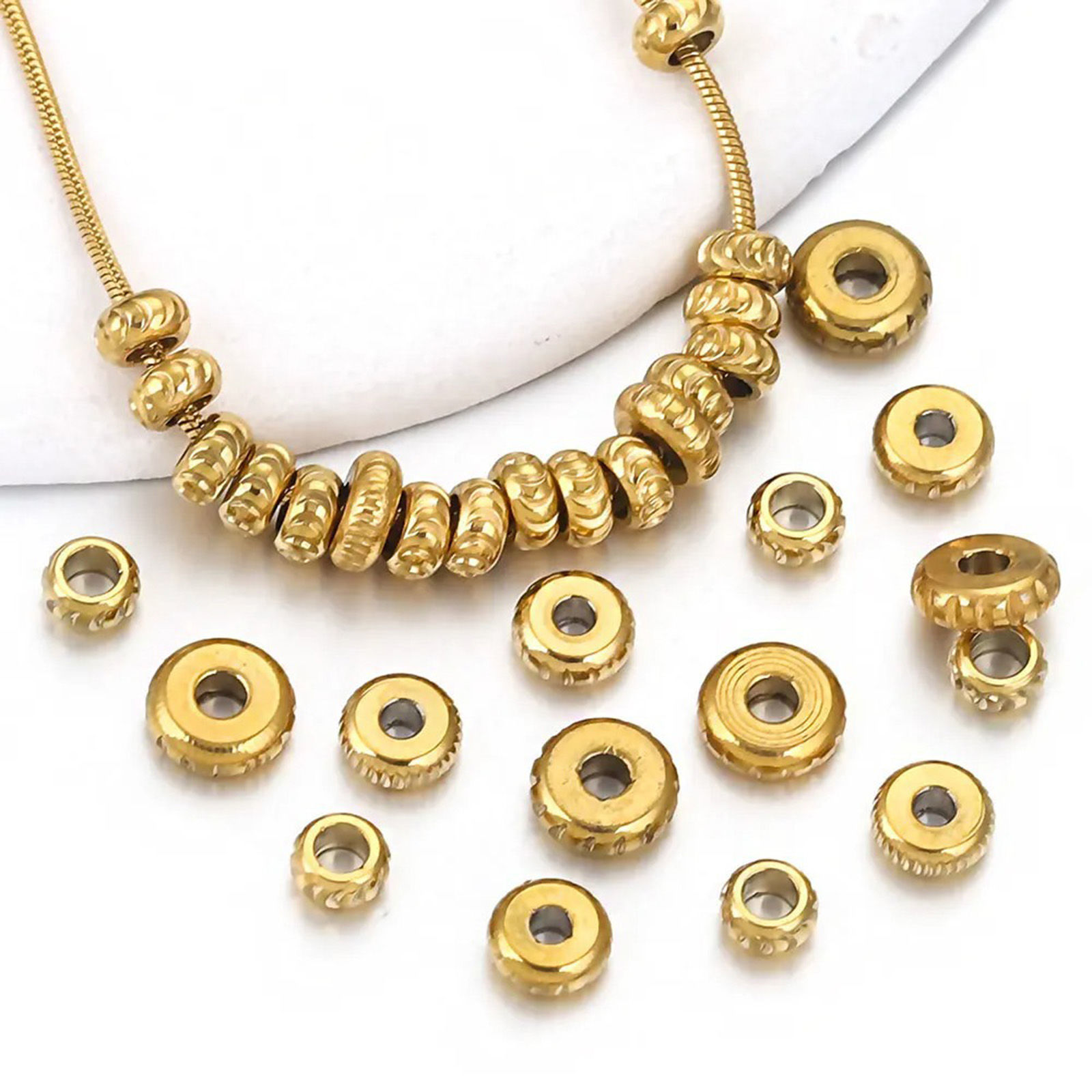 Image de 10 Pcs Perles pour DIY Fabrication de Bijoux en 304 Acier Inoxydable Respectueux de la Nature Plat-Rond Motif Sculpté