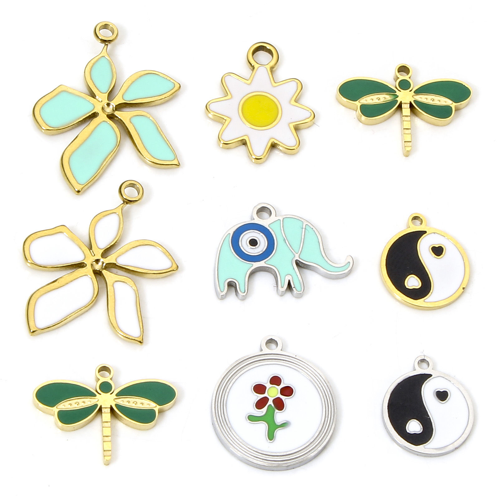 Image de 1 Pièce Breloques en 304 Acier Inoxydable Placage Sous Vide Écologique Religieux Rond Multicolore Symbole Taiji Émail