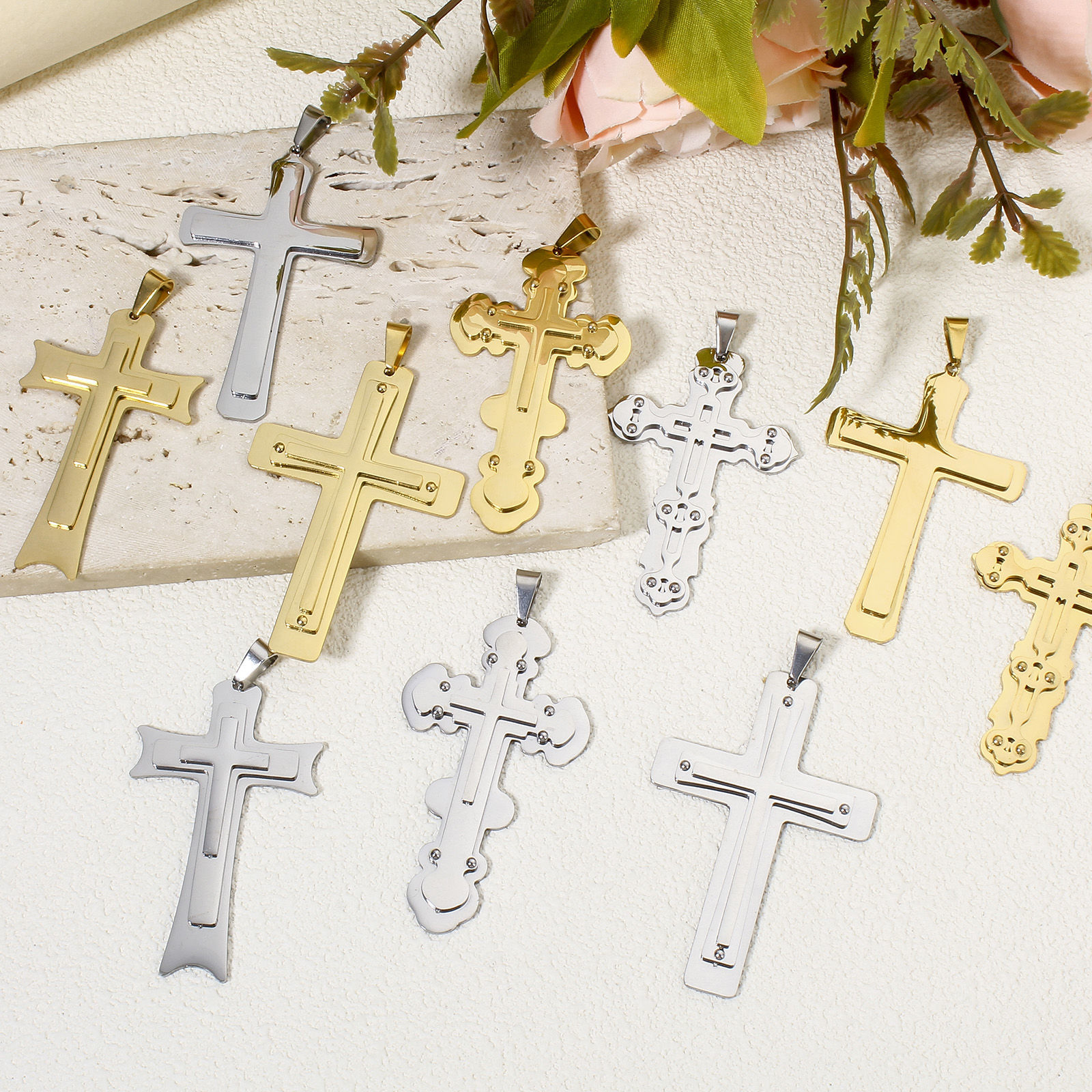 Picture of Vacuum Plating 304 Stainless Steel Charms Cross With Snap Clasp