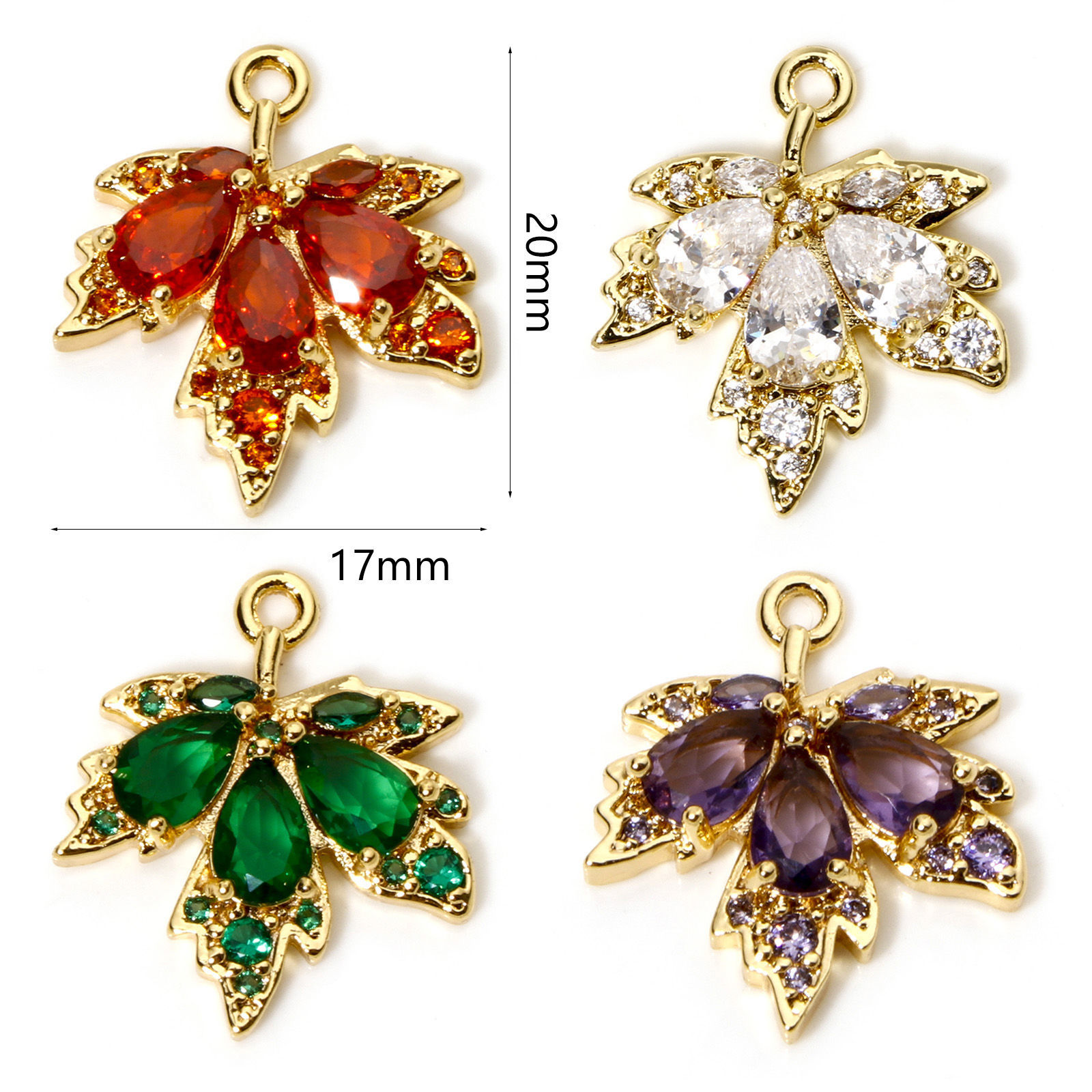 Imagen de 2 Unidades Latón & Vidrio Colgantes Chapado en Oro de 18K Hoja de Arce Micro Pave Multicolor Rhinestone 20mm x 17mm