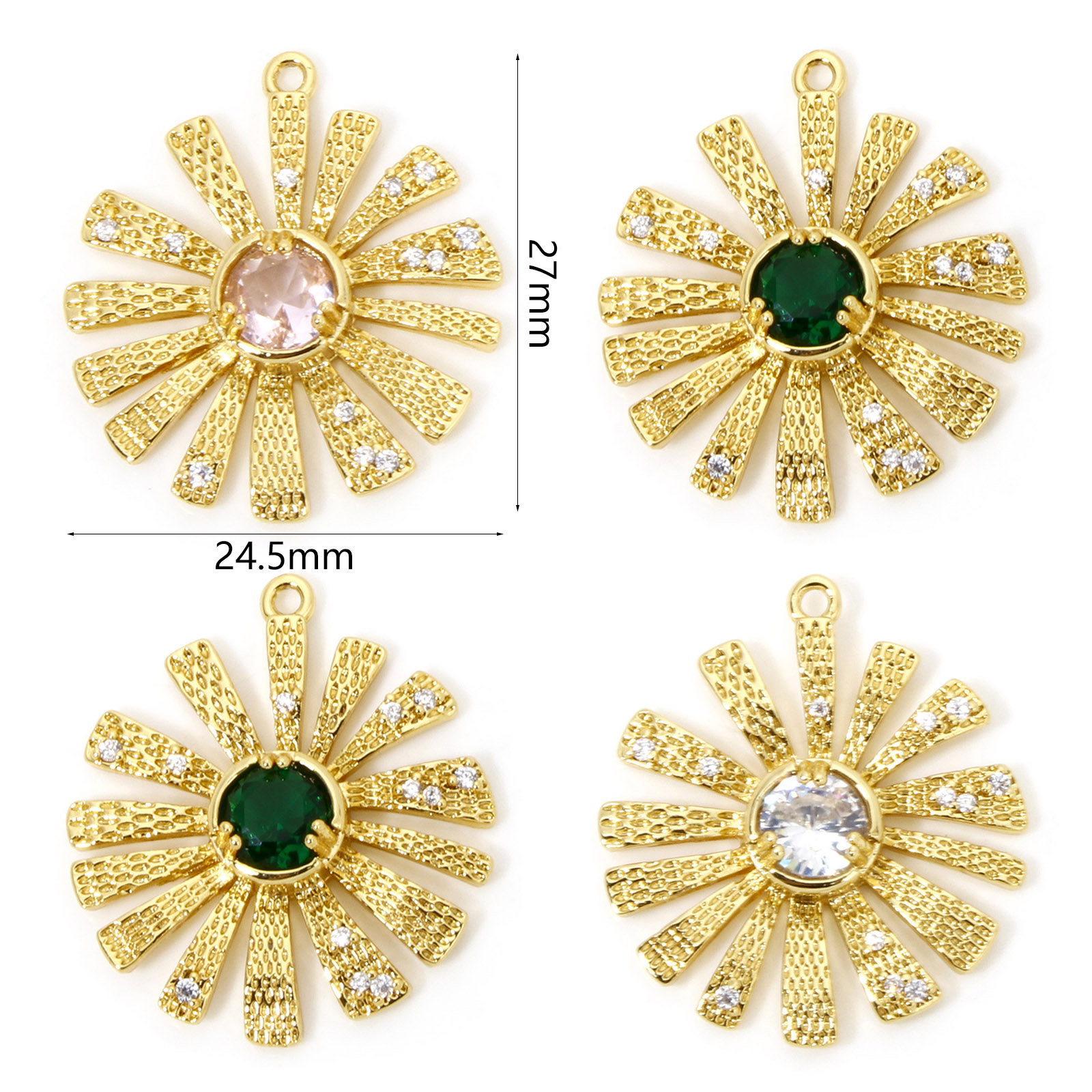 1 個 真鍮 チャーム フラワー ゴールドフィルド テクスチャ 透かし クリアジルコン 27mmx 24.5mm、 の画像