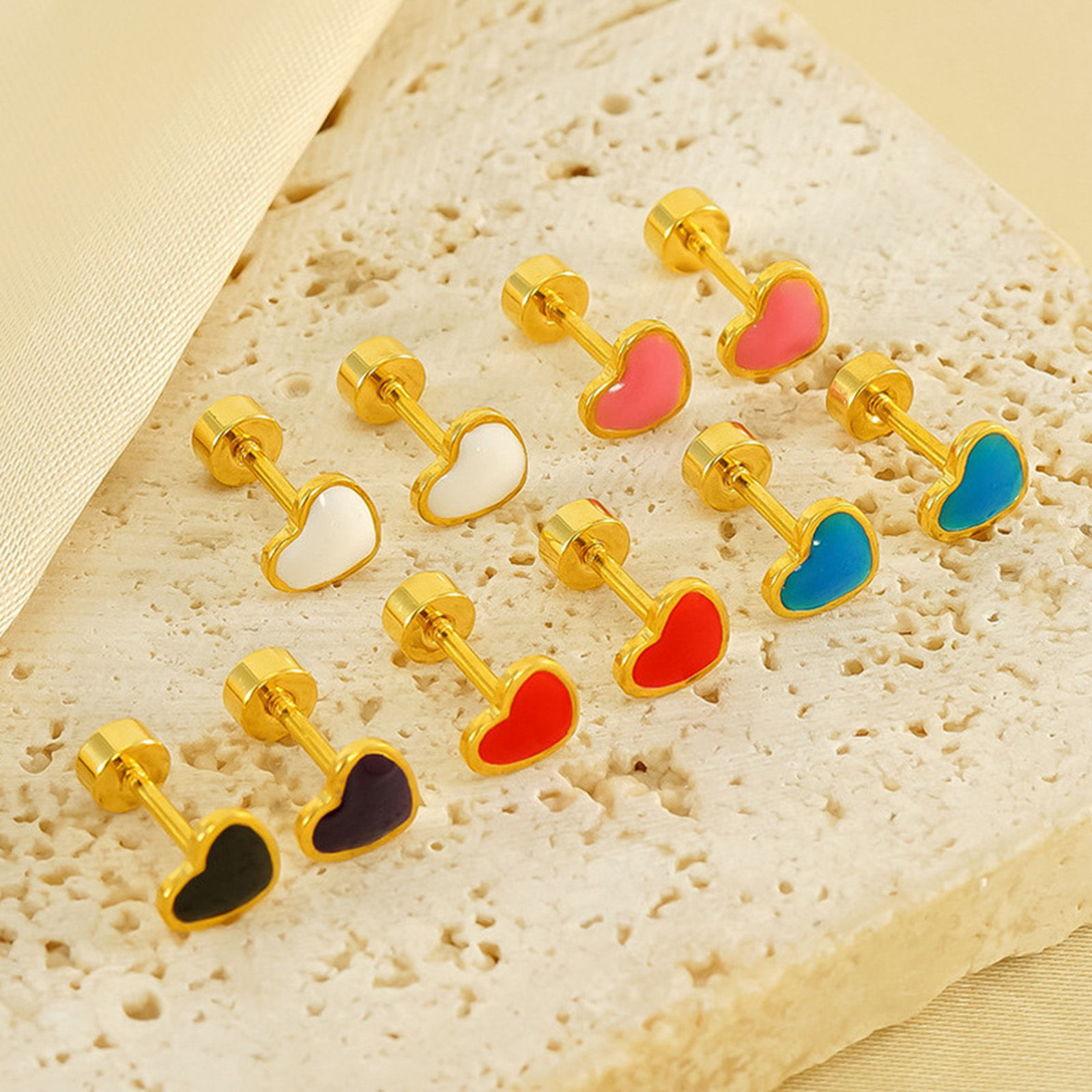 Picture of Vacuum Plating Sweet & Cute Valentine's Day 18K Gold Plated Multicolor 304 Stainless Steel Heart Enamel Ear Post Stud Earrings For Women Valentine's Day
