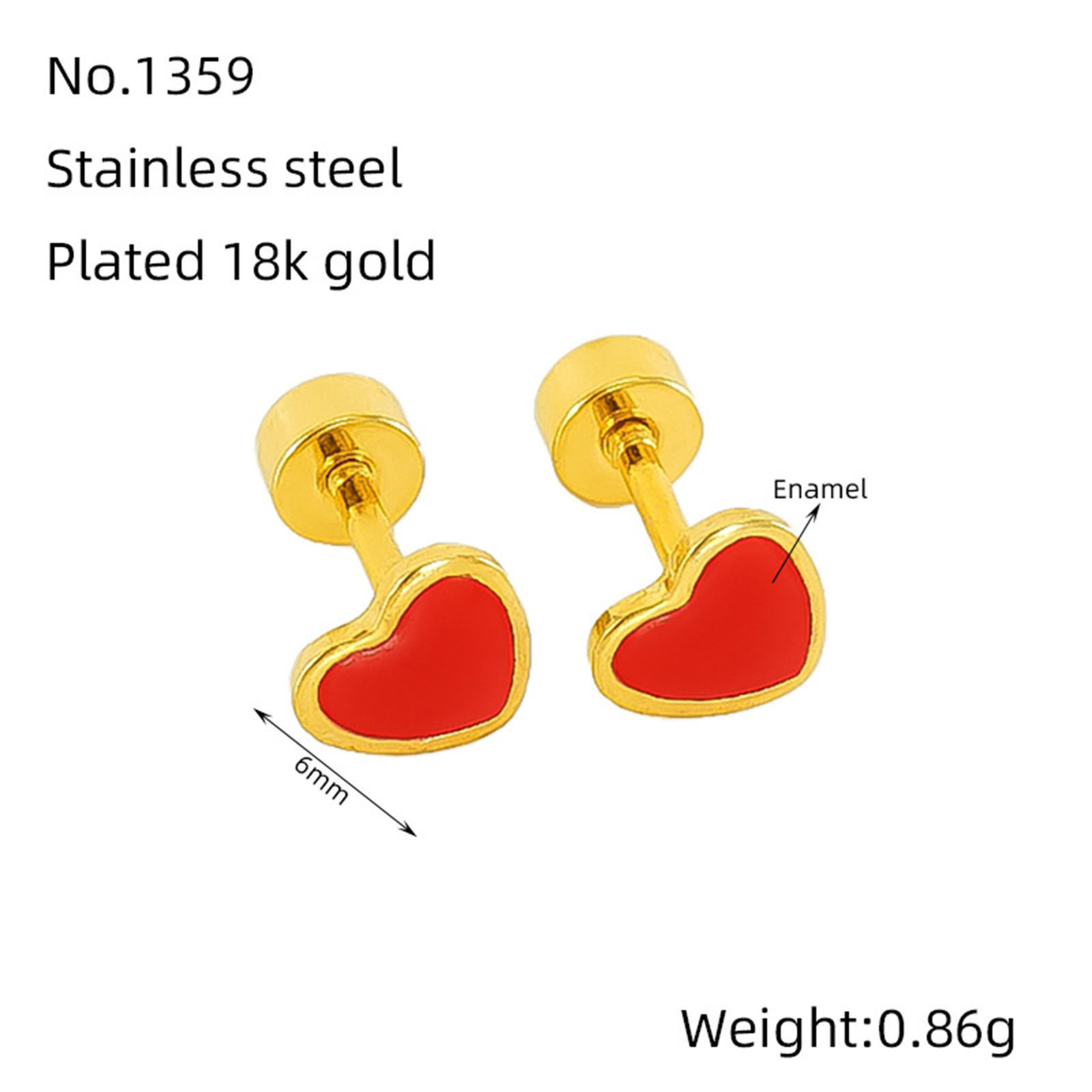 Picture of Vacuum Plating Sweet & Cute Valentine's Day 18K Gold Plated Multicolor 304 Stainless Steel Heart Enamel Ear Post Stud Earrings For Women Valentine's Day