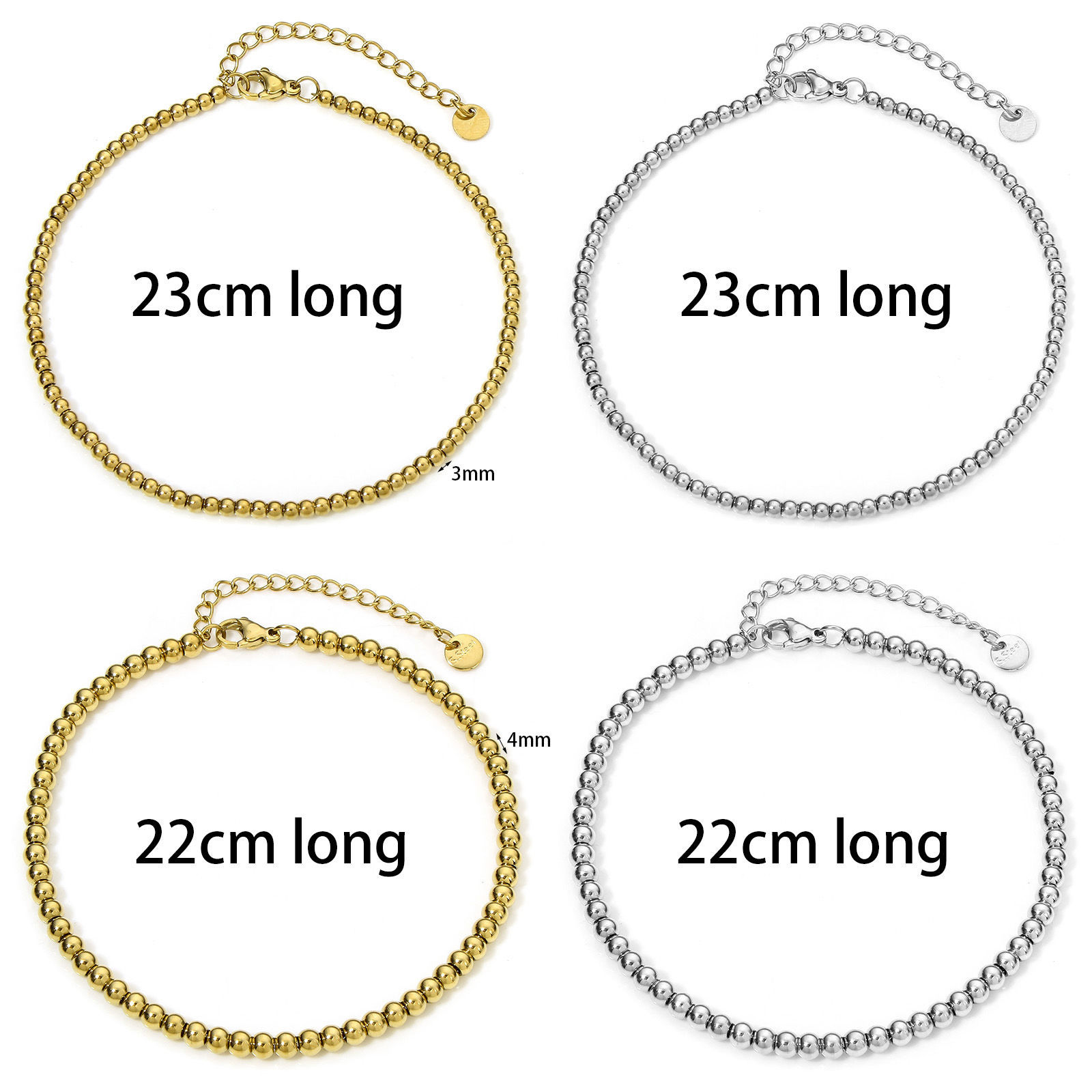 Image de 1 Pièce Chaînes de Cheville en 304 Acier Inoxydable Chaîne Perlée avec Fermoir Mousqueton et Chaîne d'Extension 23cm long