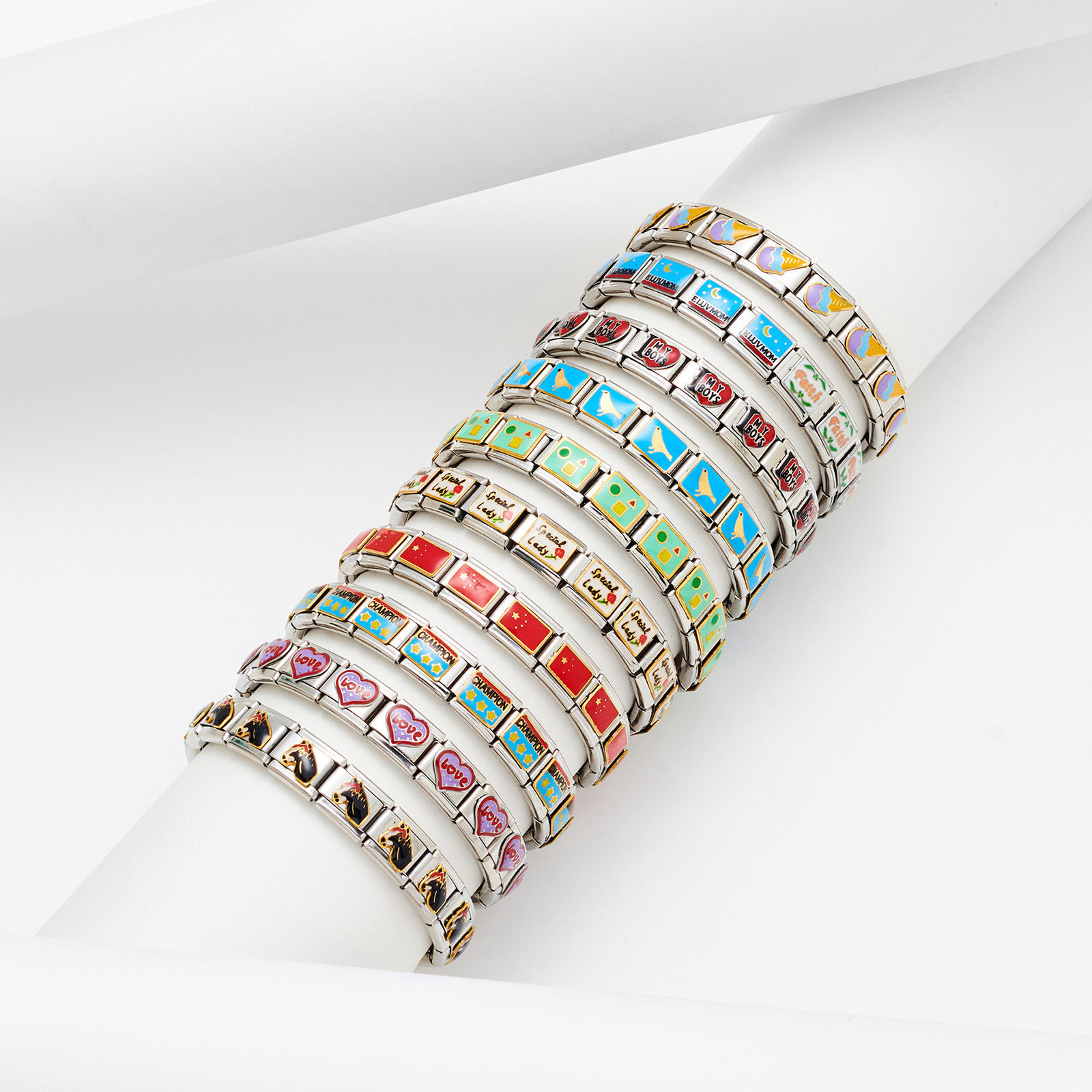 Picture of 304 Stainless Steel Italian Charm Links For DIY Bracelet Jewelry Making Silver Tone Rectangle Enamel 10mm x 9mm