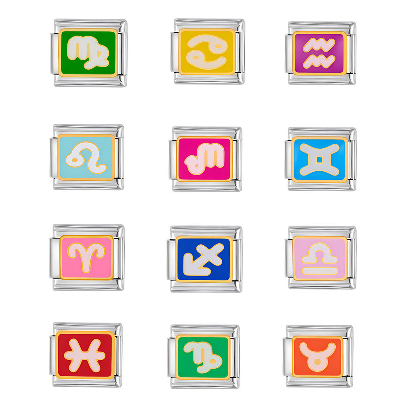 Picture of 304 Stainless Steel Italian Charm Links For DIY Bracelet Jewelry Making Silver Tone Rectangle Constellation Enamel 10mm x 9mm