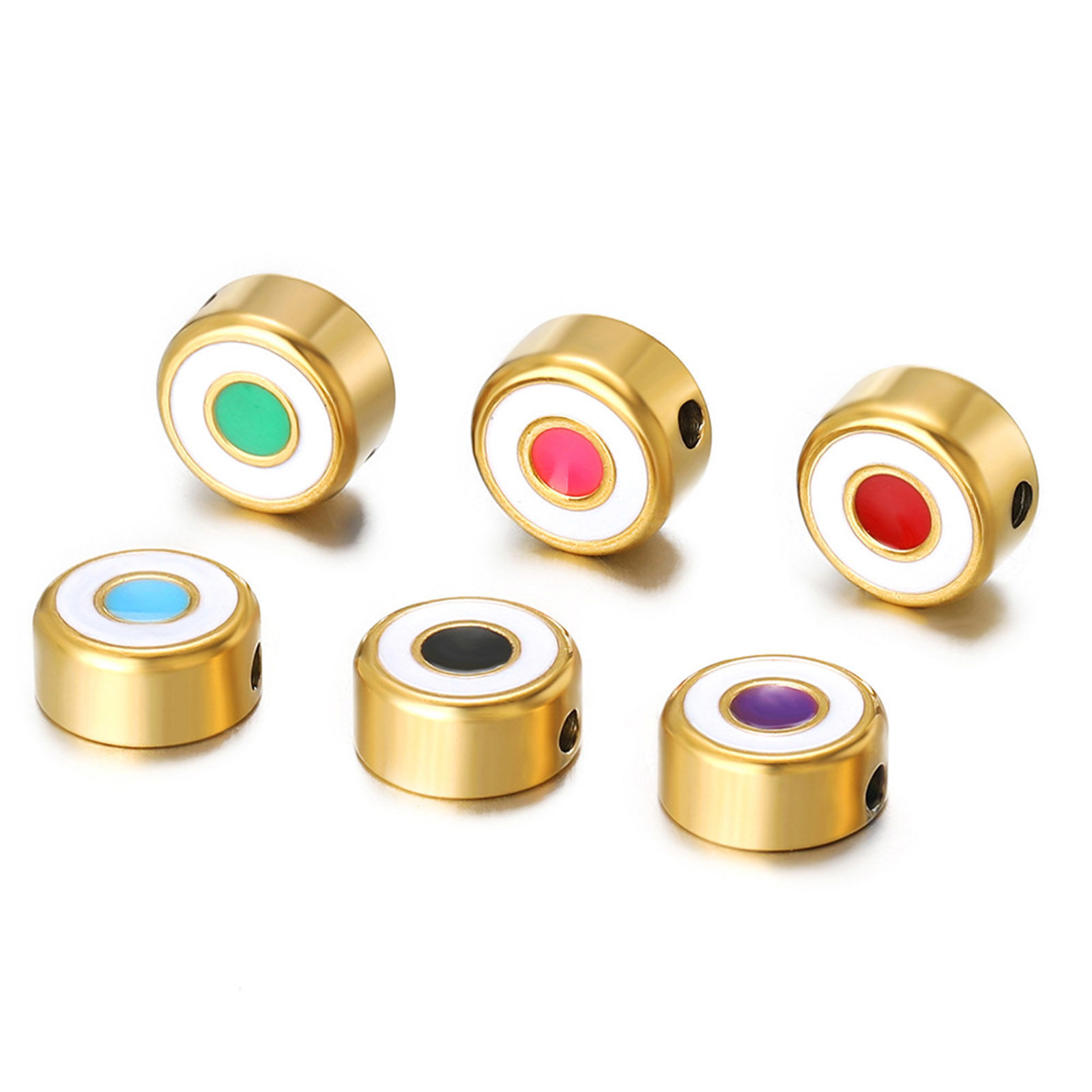 Image de 1 Pièce Perles pour DIY Fabrication de Bijoux en 304 Acier Inoxydable Placage sous Vide Plat-Rond Doré Émail env. 8.5mm Dia., Trou: env. 1.5mm