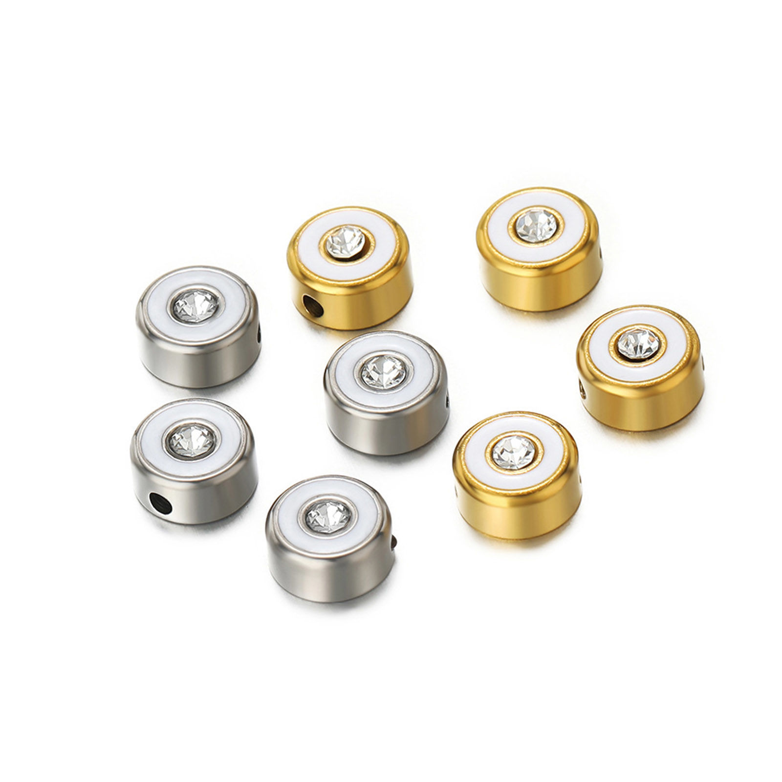 Image de 1 Pièce Perles pour DIY Fabrication de Bijoux en 304 Acier Inoxydable Placage sous Vide Plat-Rond Doré Émail env. 8.5mm Dia., Trou: env. 1.5mm