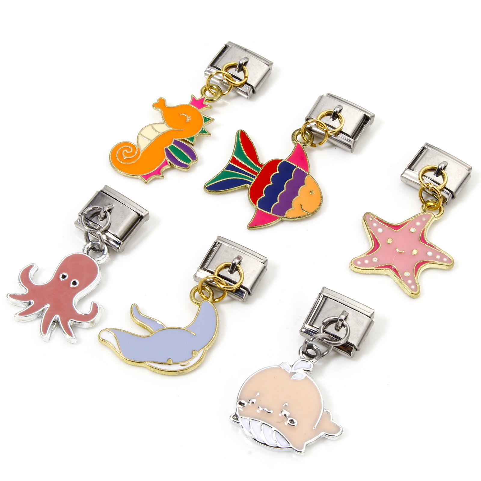 Picture of Zinc Based Alloy & Stainless Steel Ocean Jewelry Italian Charm Links For DIY Bracelet Jewelry Making Rectangle Enamel 10mm x 9mm