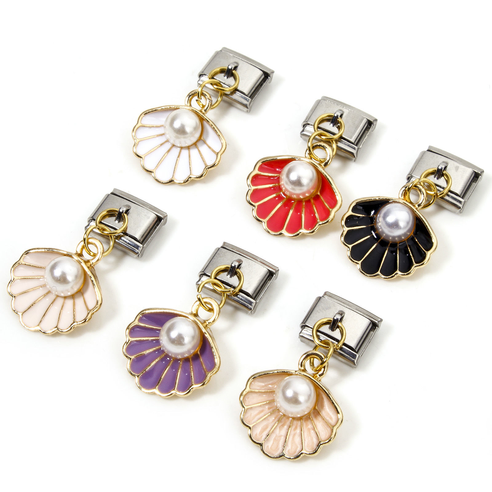 Immagine di 1 Pz Lega di Zinco & Acciaio Inossidabile Bracciale con Charm Italiano a Maglie, Creazione di Gioielli Fai-da-te Oro Placcato & Tono Argento Rettangolo Conchiglia Smalto 10mm x 9mm