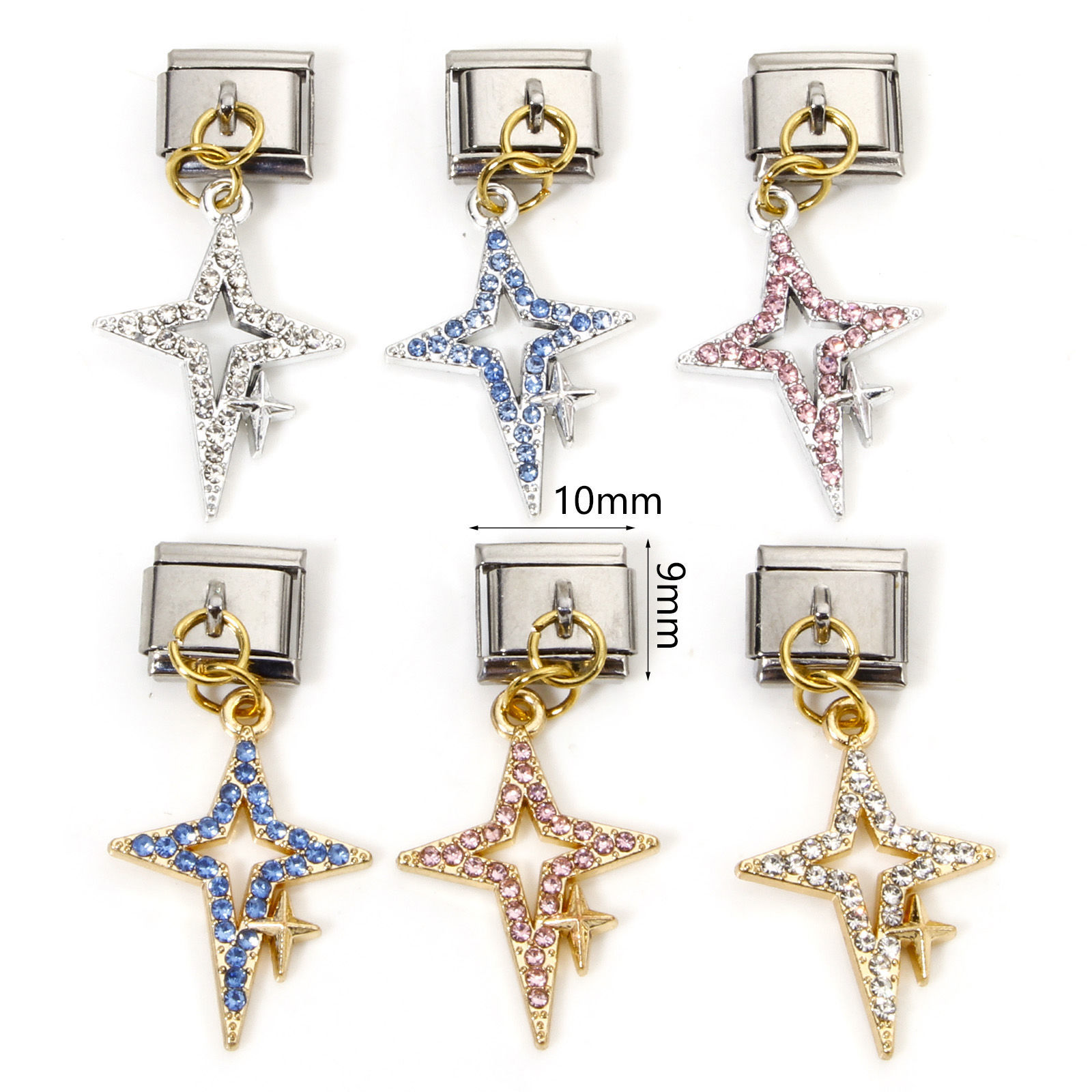 Immagine di 1 Pz Lega di Zinco & Acciaio Inossidabile Bracciale con Charm Italiano a Maglie, Creazione di Gioielli Fai-da-te Oro Placcato & Tono Argento Rettangolo Stella 10mm x 9mm