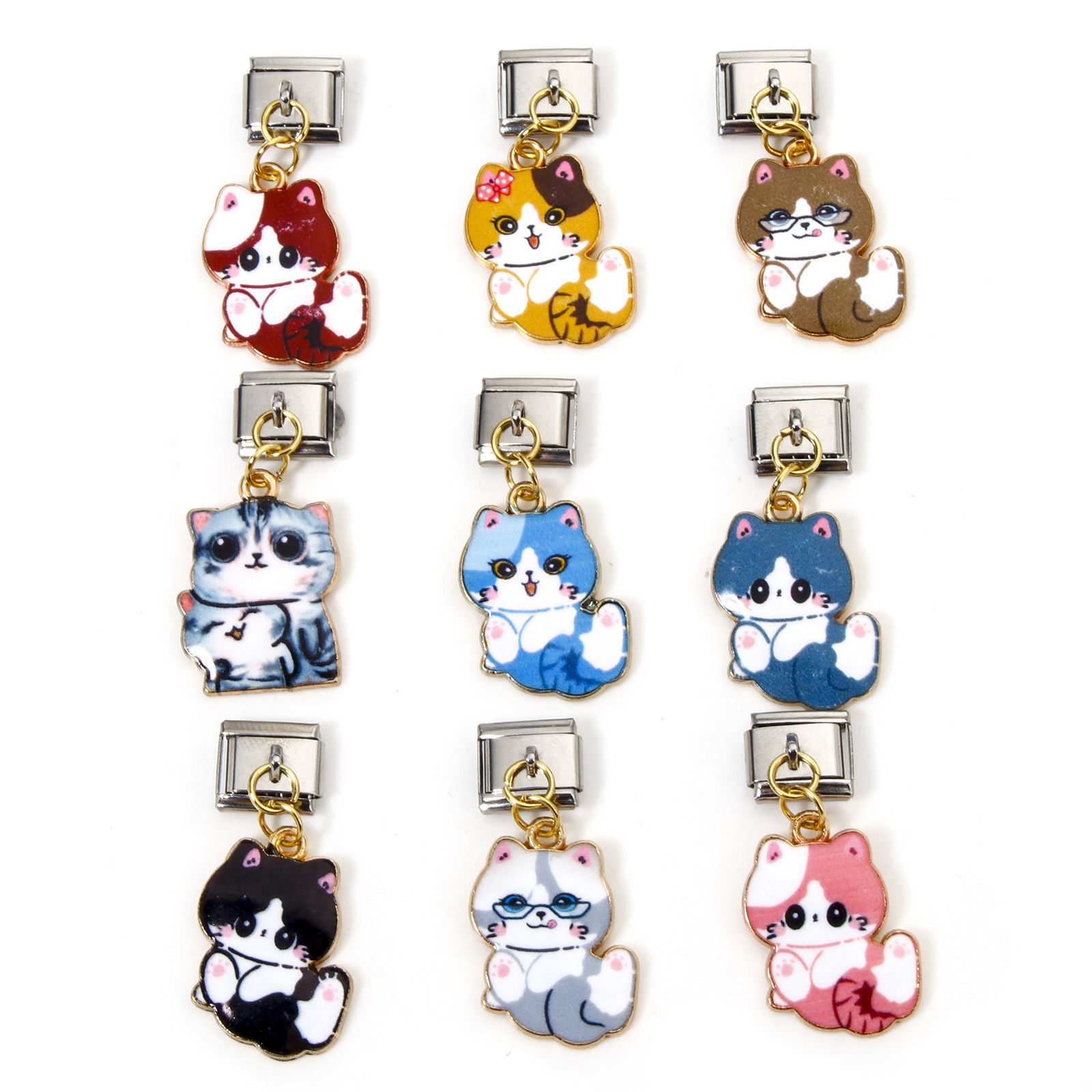 Bild von 1 Stück Zinklegierung & Edelstahl Charm-Armband mit italienischen Gliedern zur Herstellung von DIY-Schmuck Vergoldet & Silberfarbe Rechteck Katze Emaille 10mm x 9mm