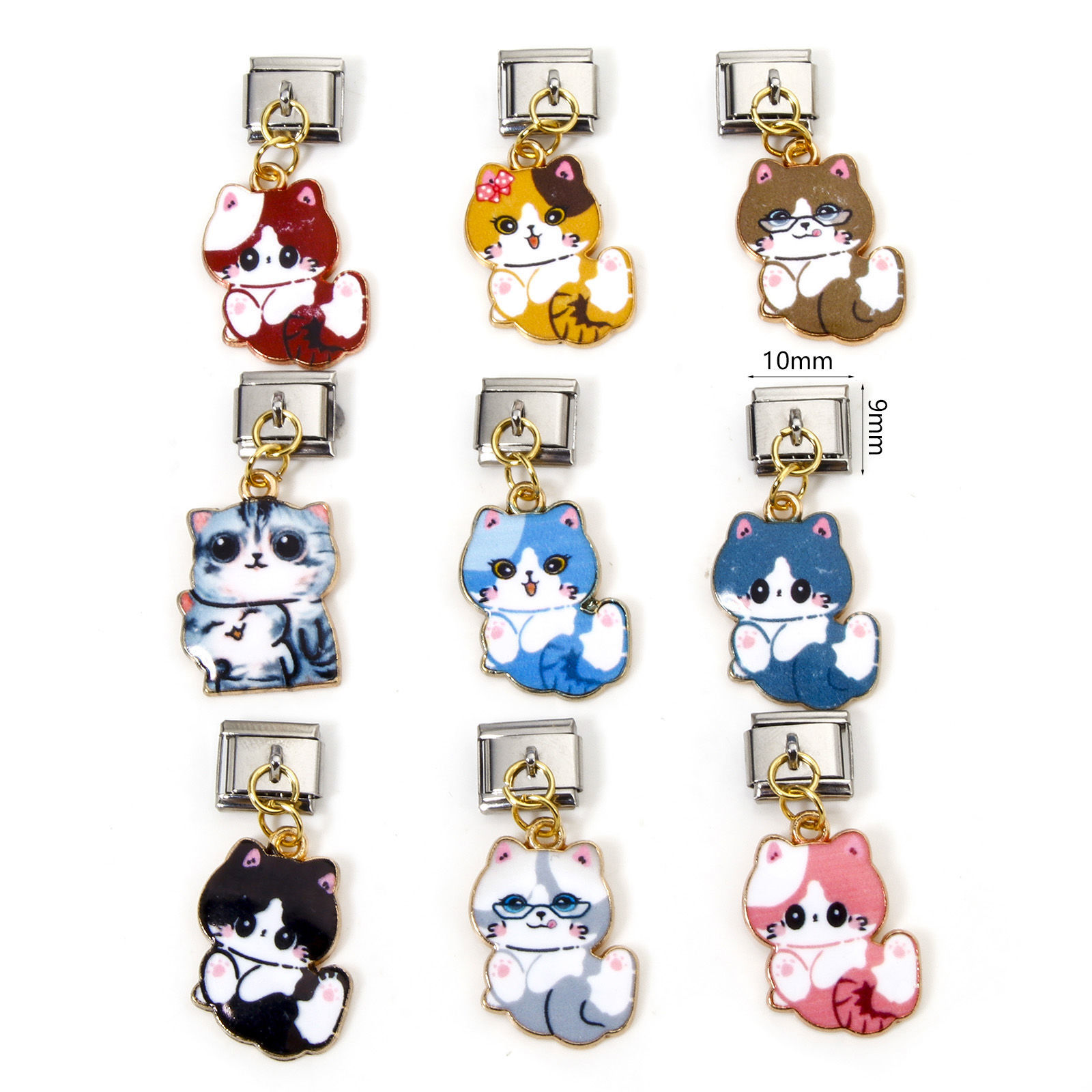 Bild von 1 Stück Zinklegierung & Edelstahl Charm-Armband mit italienischen Gliedern zur Herstellung von DIY-Schmuck Vergoldet & Silberfarbe Rechteck Katze Emaille 10mm x 9mm