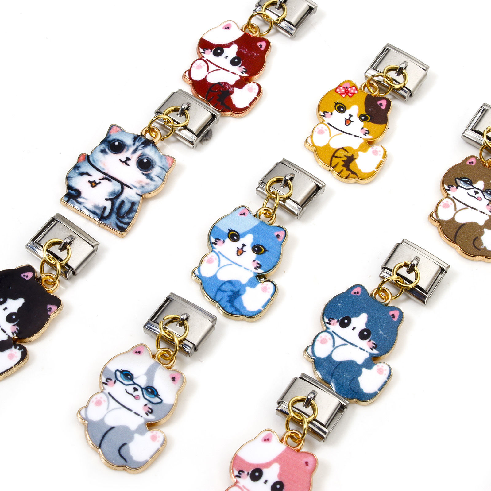 Bild von 1 Stück Zinklegierung & Edelstahl Charm-Armband mit italienischen Gliedern zur Herstellung von DIY-Schmuck Vergoldet & Silberfarbe Rechteck Katze Emaille 10mm x 9mm