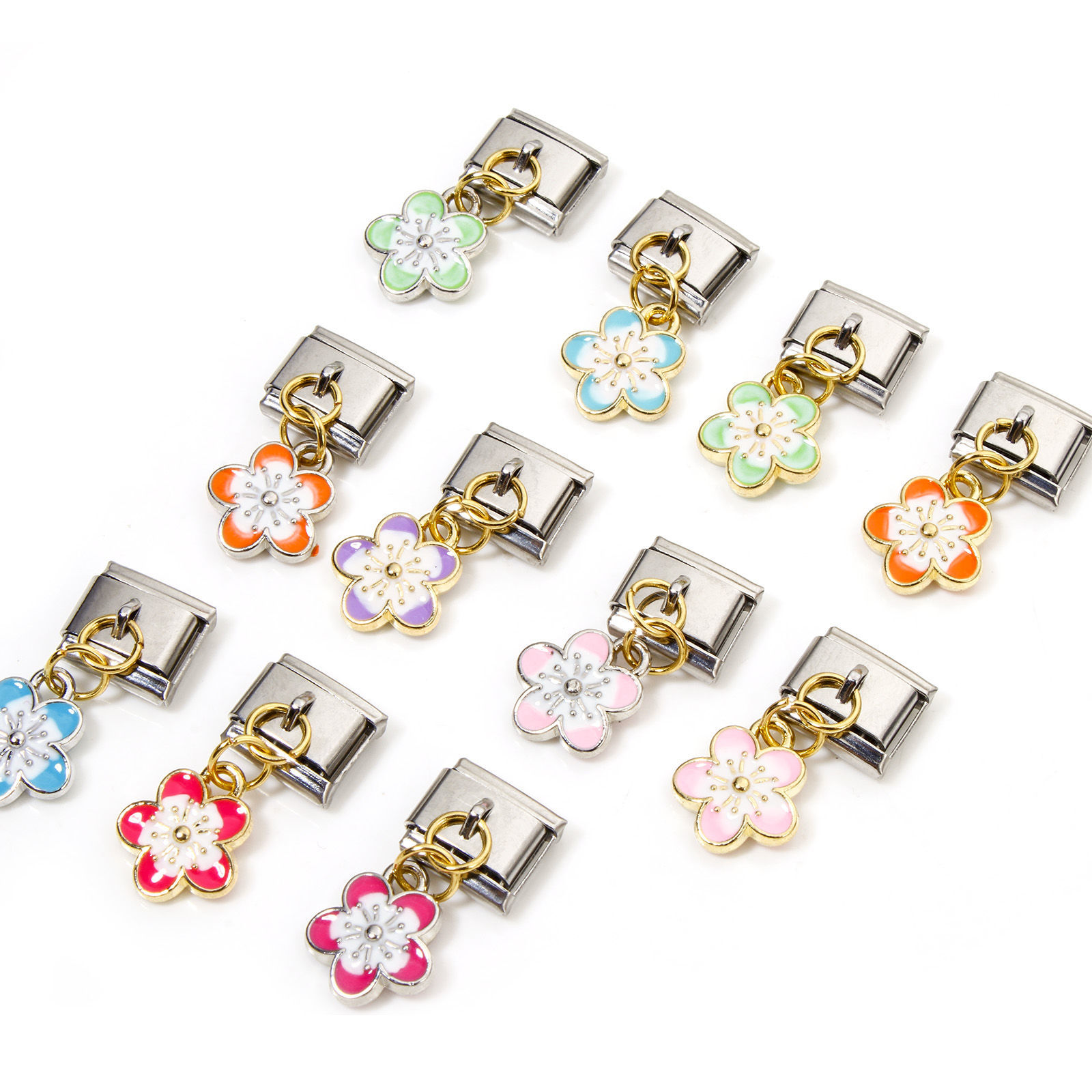 Immagine di 1 Pz Lega di Zinco & Acciaio Inossidabile Bracciale con Charm Italiano a Maglie, Creazione di Gioielli Fai-da-te Oro Placcato & Tono Argento Rettangolo Sakura Fiore Smalto a Doppia Faccia 10mm x 9mm