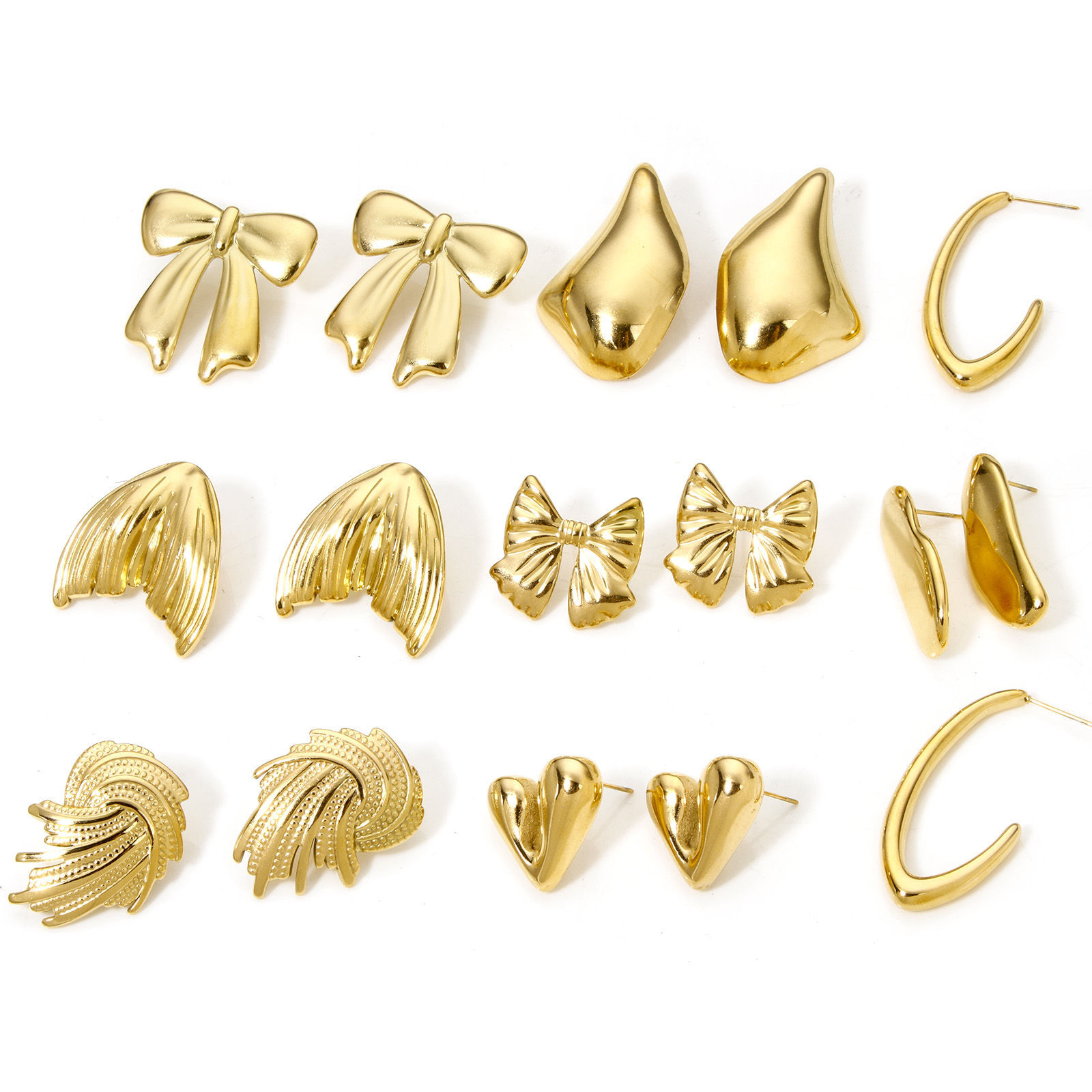 Picture of 1 Pair Vacuum Plating 304 Stainless Steel Ear Post Stud Earrings 18K Gold Plated Bowknot With Stoppers