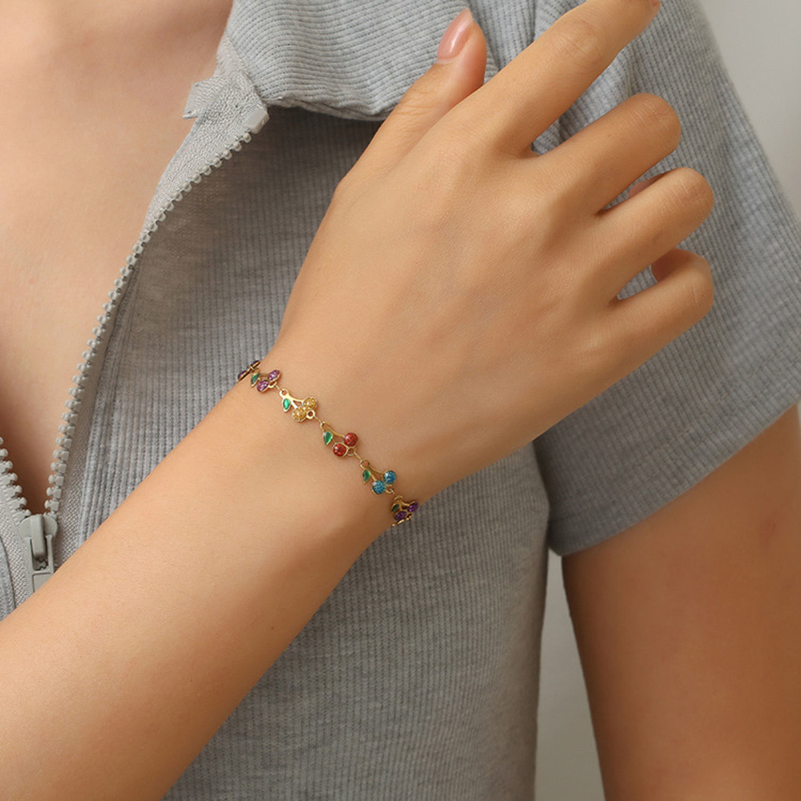 Picture of Vacuum Plating 304 Stainless Steel Boho Chic Bohemia Handmade Link Chain Bracelets 14K Gold Plated Multicolor Cherry Fruit Enamel