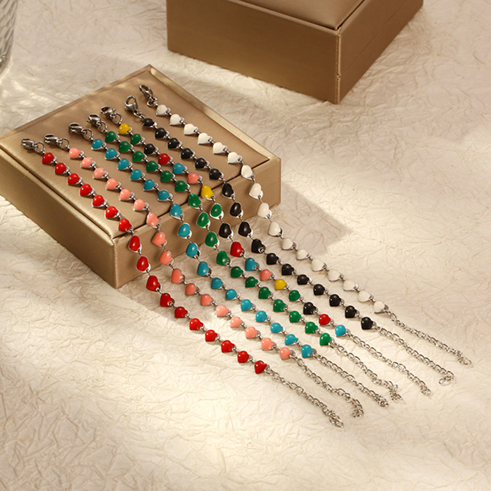 Picture of Eco-friendly 304 Stainless Steel Valentine's Day Handmade Link Chain Bracelets Silver Tone Multicolor Heart Enamel