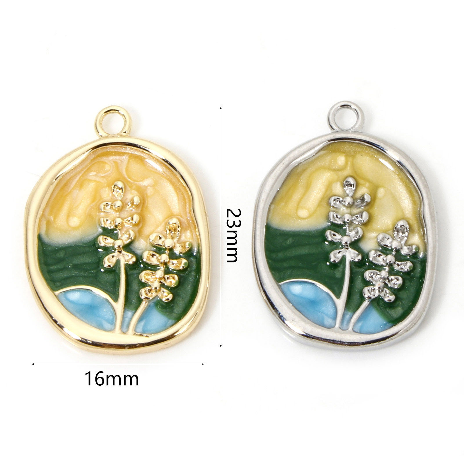Picture of 1 Piece Eco-friendly Brass Oil Painting Style Charms Real Gold Plated Multicolor Oval Flower Enamel 23mm x 16mm