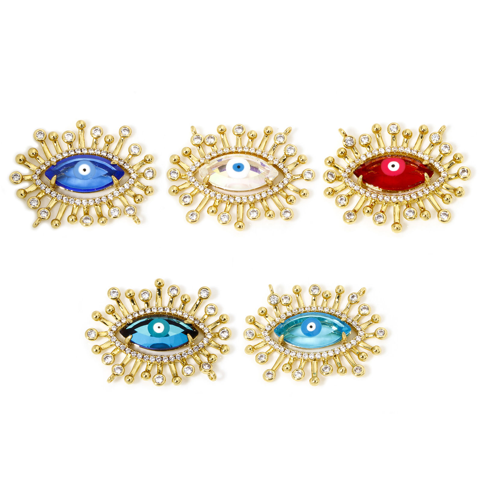 Picture of Eco-friendly Brass & Glass Religious Connectors Charms Pendants Evil Eye Eye of Providence/ All-seeing Eye 18K Real Gold Plated Multicolor Micro Pave Clear Cubic Zirconia 28mm x 22mm
