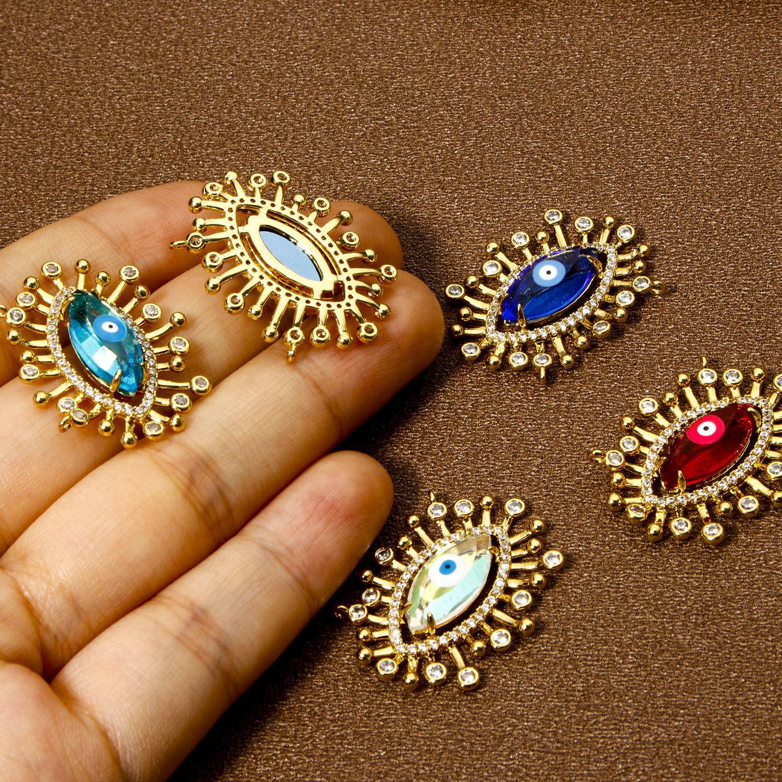Picture of Eco-friendly Brass & Glass Religious Connectors Charms Pendants Evil Eye Eye of Providence/ All-seeing Eye 18K Real Gold Plated Multicolor Micro Pave Clear Cubic Zirconia 28mm x 22mm