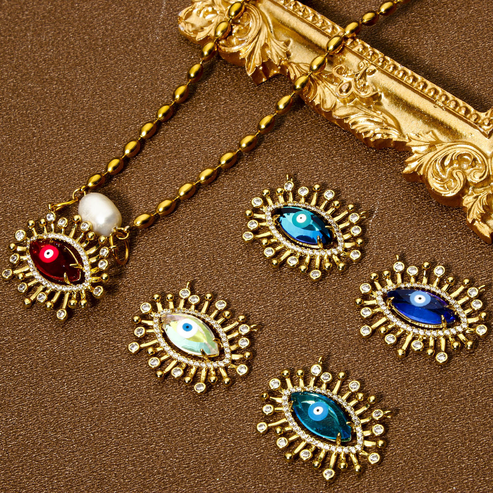 Picture of Eco-friendly Brass & Glass Religious Connectors Charms Pendants Evil Eye Eye of Providence/ All-seeing Eye 18K Real Gold Plated Multicolor Micro Pave Clear Cubic Zirconia 28mm x 22mm