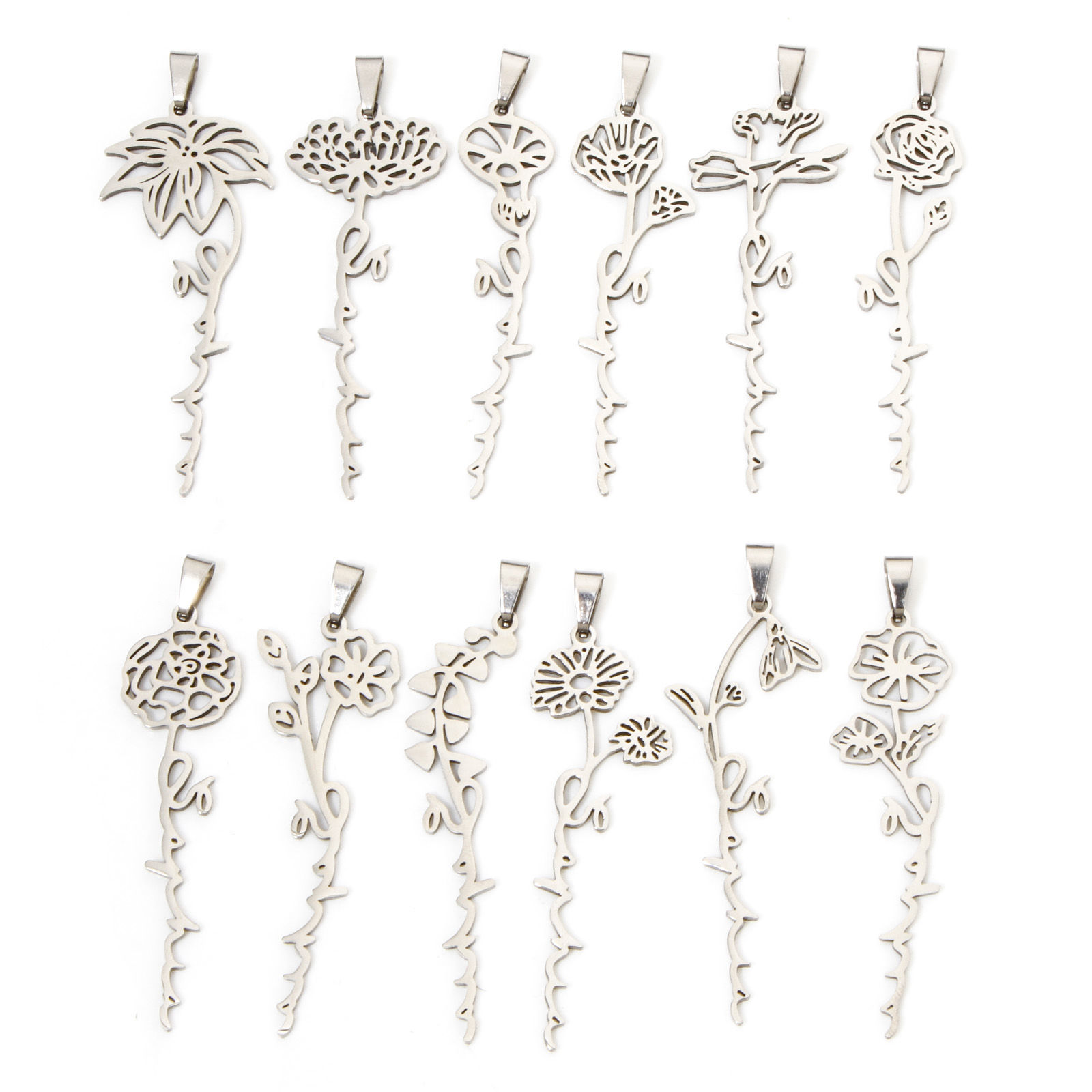 Picture of Eco-friendly 201 Stainless Steel Birth Month Flower Pendants Silver Tone Hollow