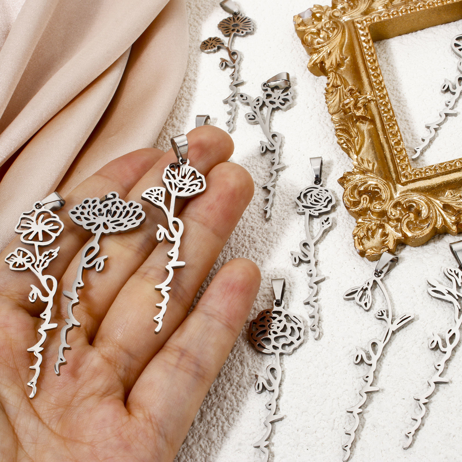 Picture of Eco-friendly 201 Stainless Steel Birth Month Flower Pendants Silver Tone Hollow