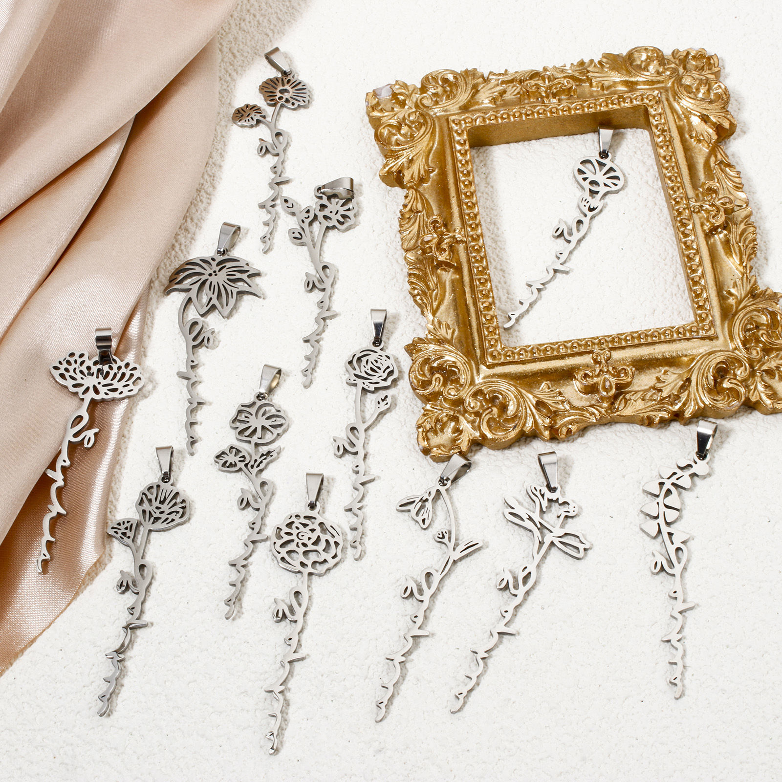 Picture of Eco-friendly 201 Stainless Steel Birth Month Flower Pendants Silver Tone Hollow