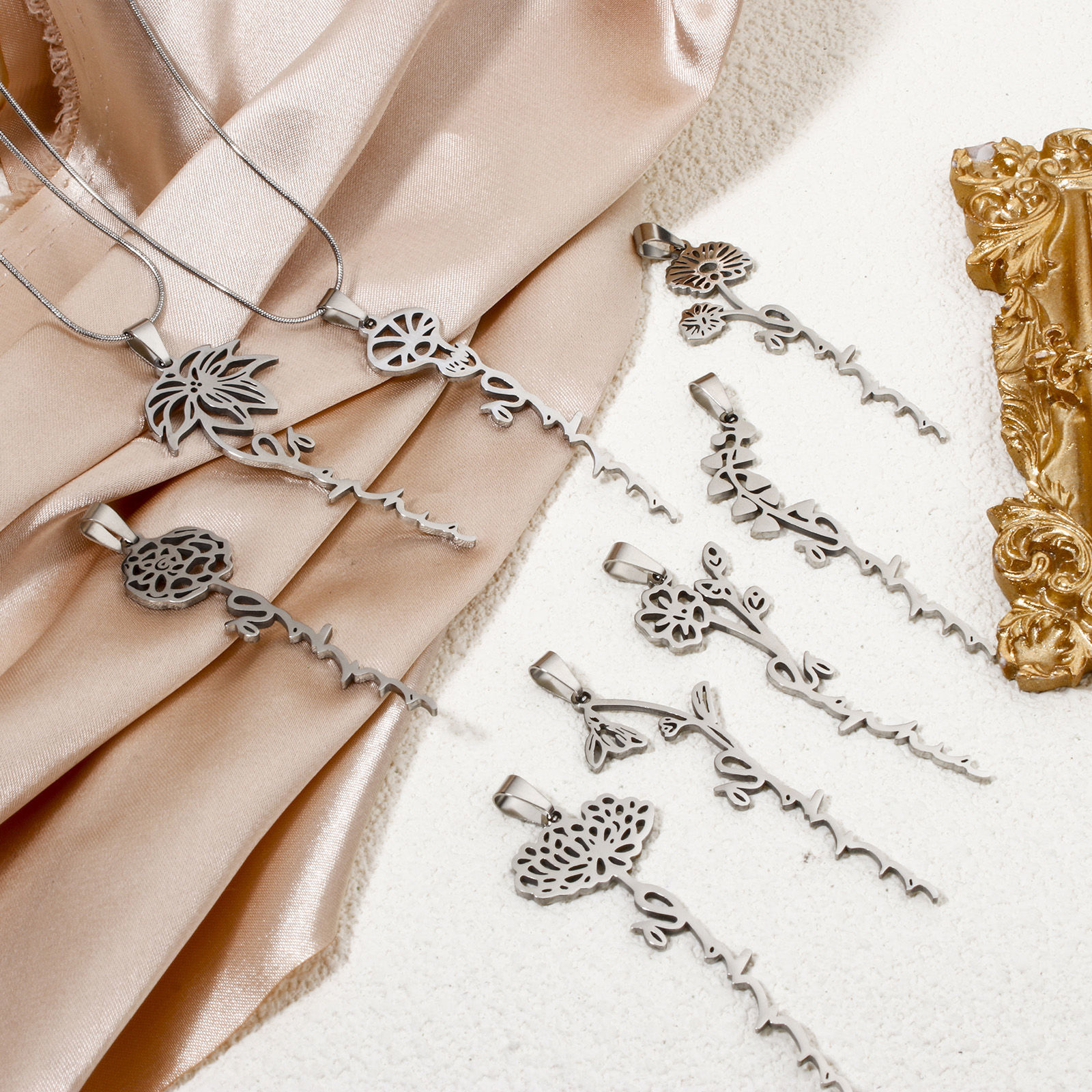 Picture of Eco-friendly 201 Stainless Steel Birth Month Flower Pendants Silver Tone Hollow