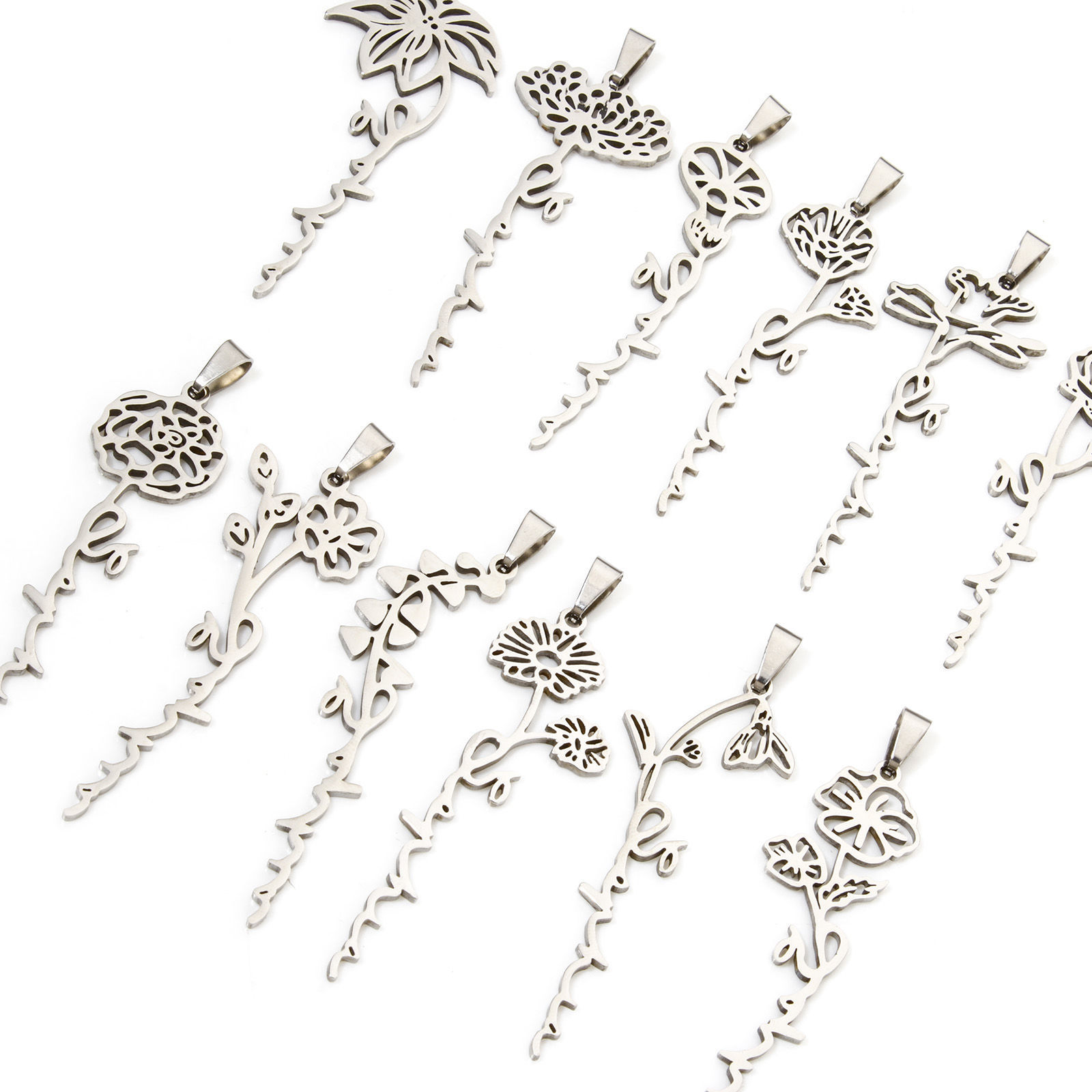 Picture of Eco-friendly 201 Stainless Steel Birth Month Flower Pendants Silver Tone Hollow
