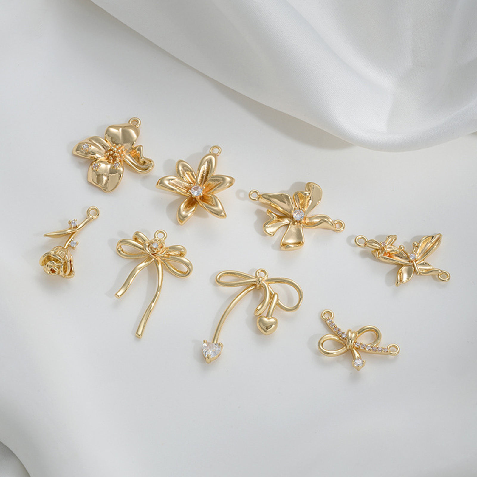 Picture of Eco-friendly Brass Charms 14K Real Gold Plated Bowknot Flower Clear Cubic Zirconia