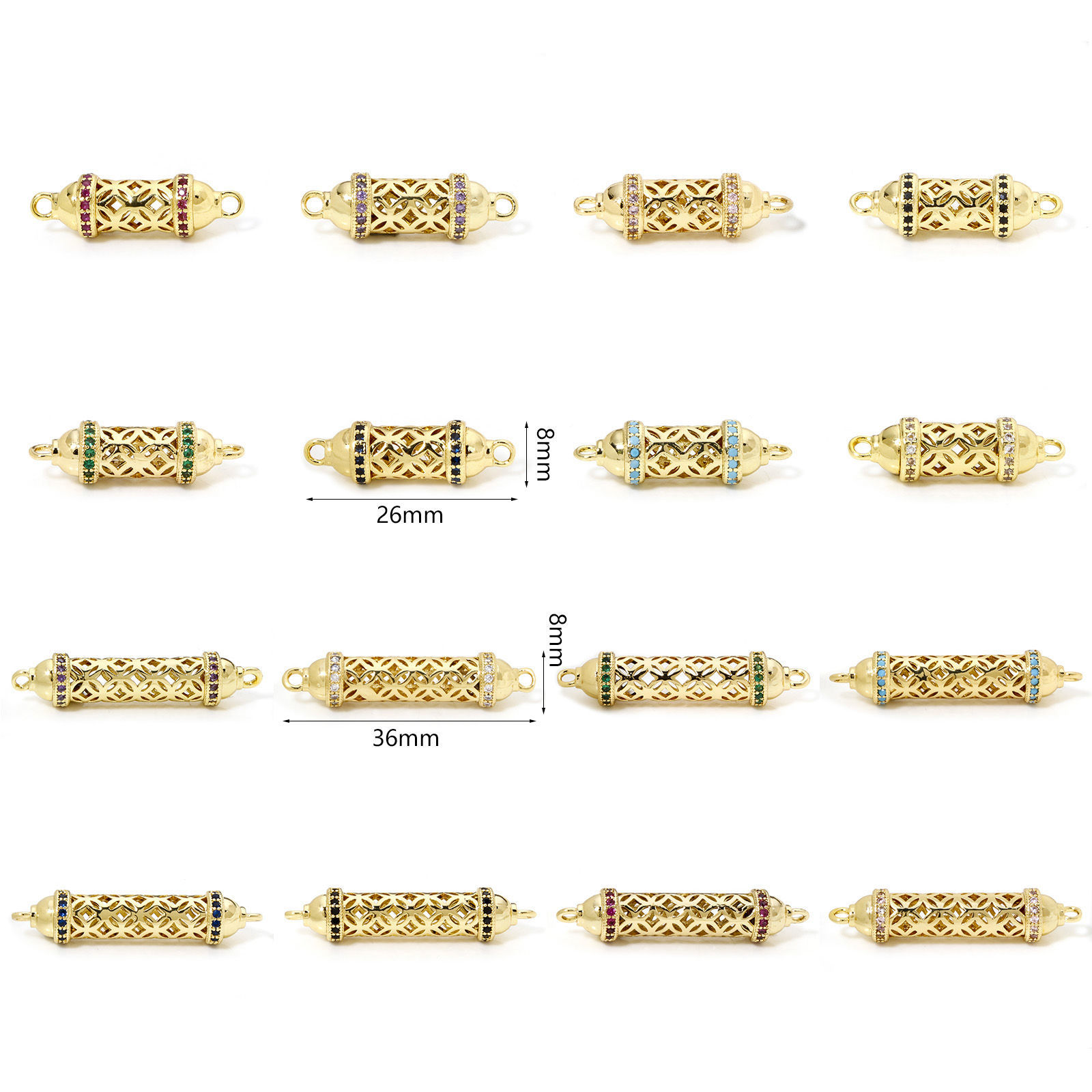 Picture of Eco-friendly Brass Connectors Charms Pendants Cylinder 18K Real Gold Plated Hollow Multicolour Cubic Zirconia