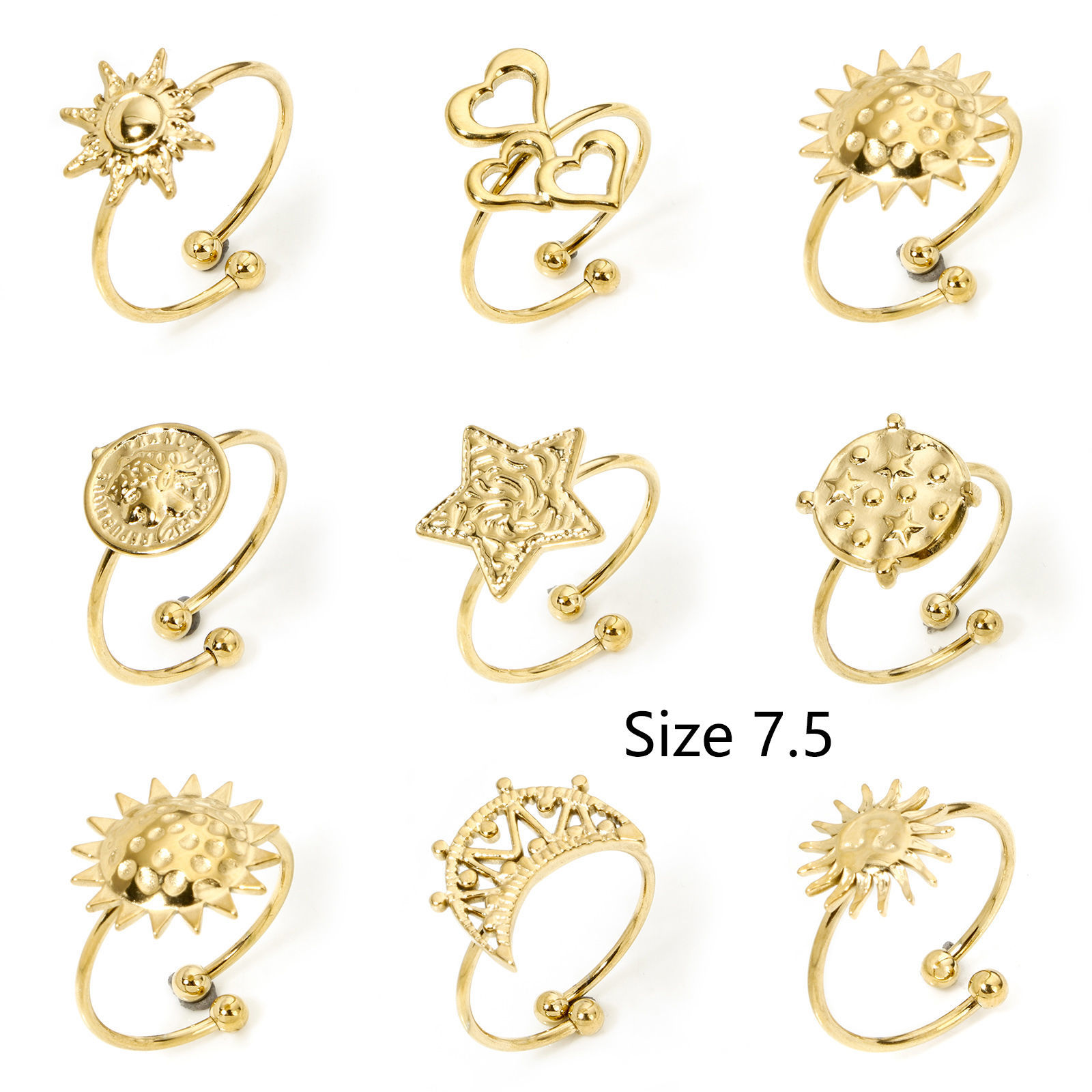 Picture of Vacuum Plating 304 Stainless Steel Open Adjustable Rings 18K Gold Plated Sun 17.7mm(US Size 7.5)