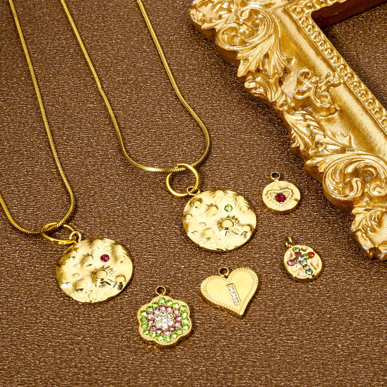 Picture of Vacuum Plating 304 Stainless Steel Galaxy Charms Gold Plated Round Universe Planet Multicolor Rhinestone