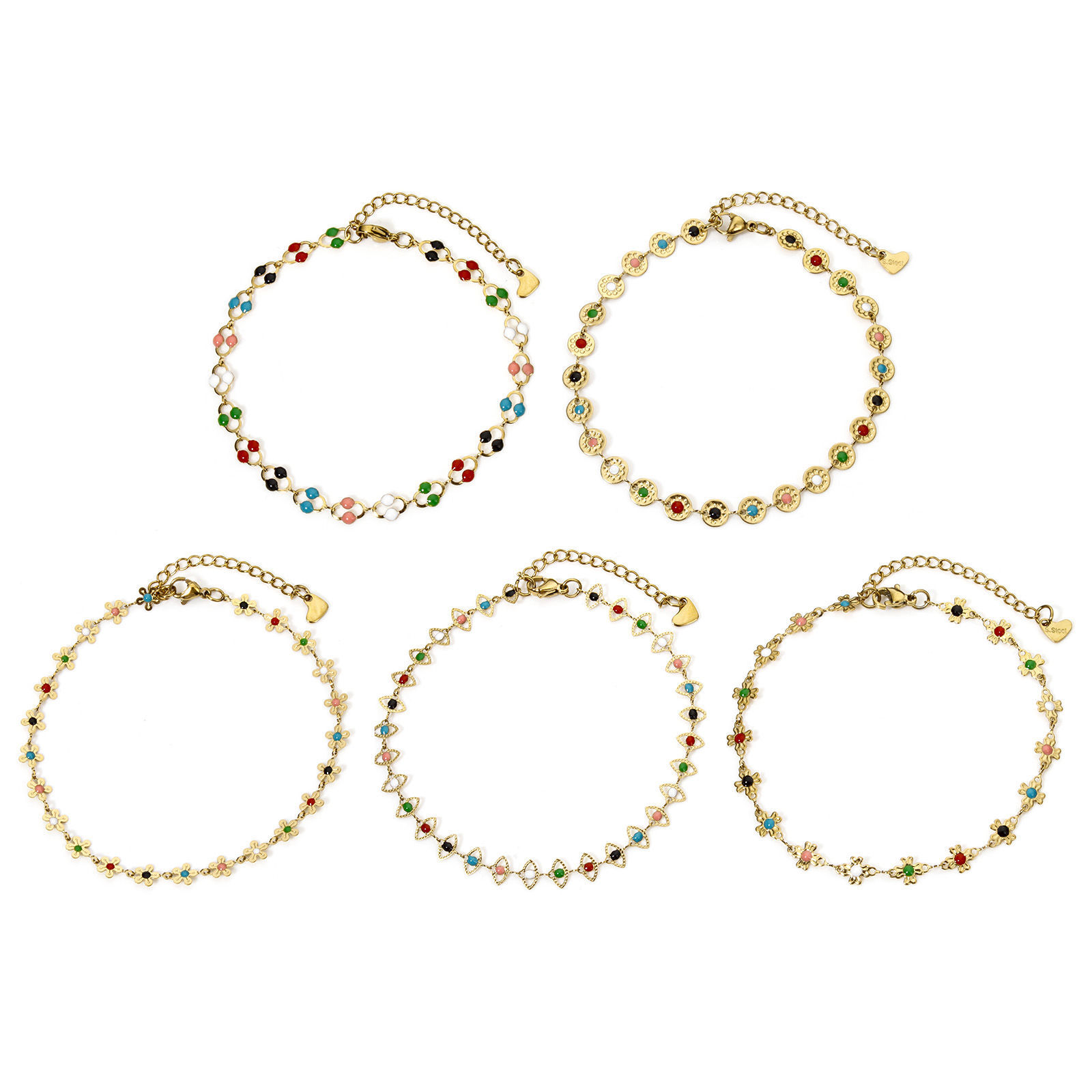 Picture of 304 Stainless Steel Handmade Link Chain Anklet 18K Gold Plated Multicolor Enamel 22cm(8.7") long