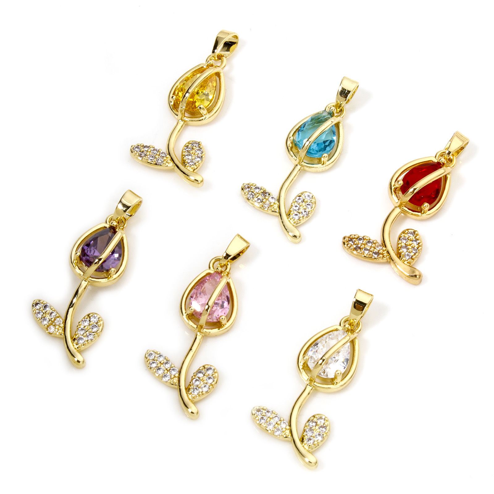 Picture of Brass & Glass Charms 18K Gold Plated Multicolor Tulip Flower Micro Pave Clear Cubic Zirconia 29mm x 12mm