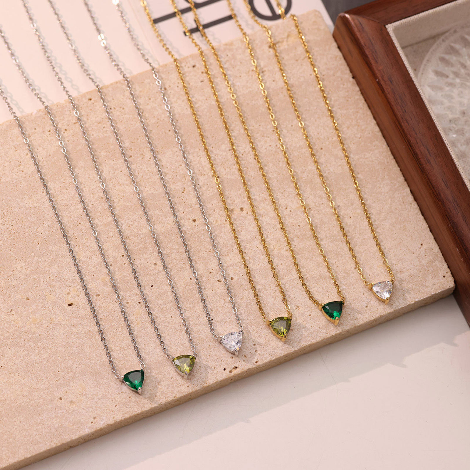 Picture of Eco-friendly Vacuum Plating Ins Style Exquisite Multicolor Multicolor 304 Stainless Steel & Rhinestone Link Cable Chain Triangle Pendant Necklace For Women Engagement