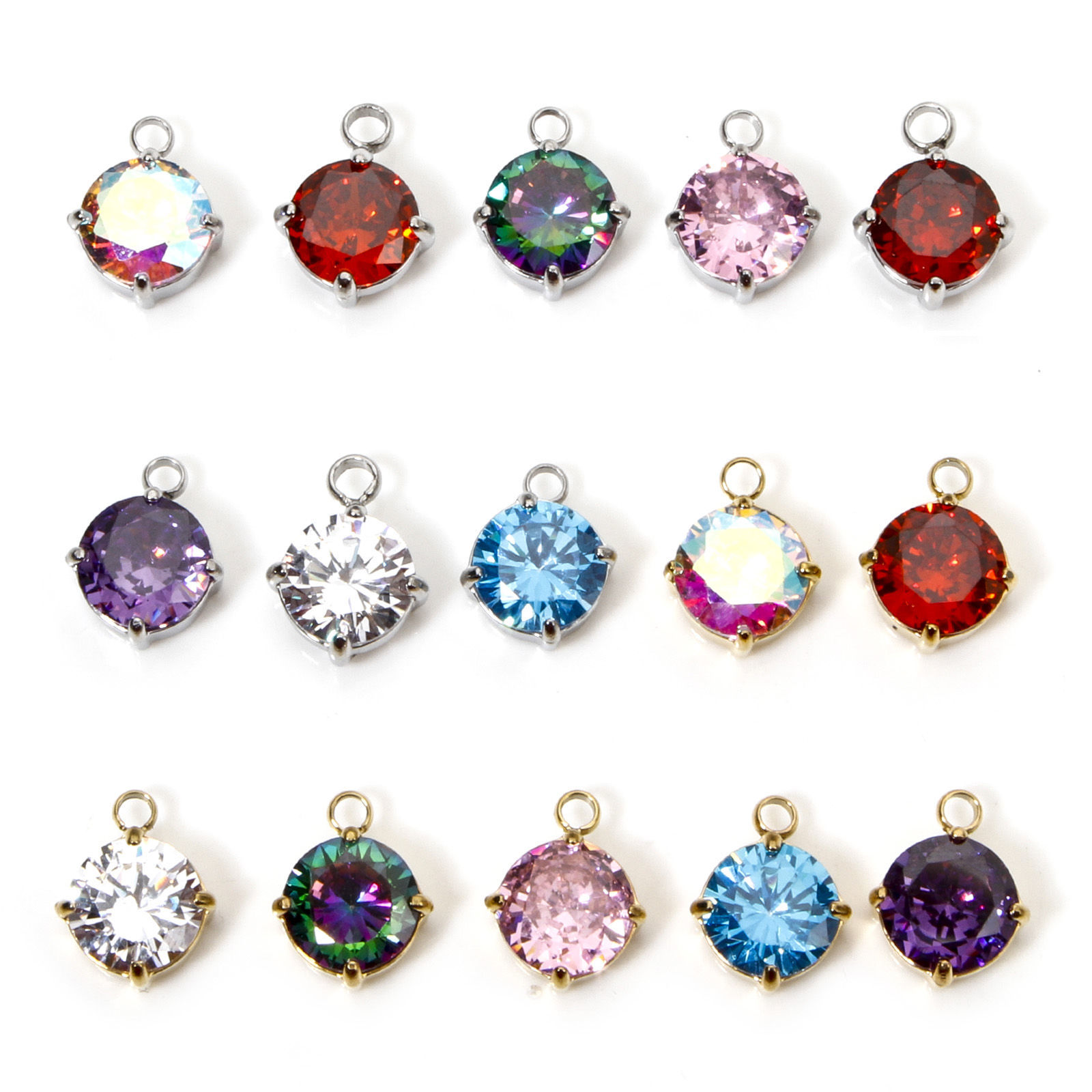 Bild von 1 Stück 304 Edelstahl Charms Rund mit Zirkon 11mm x 8mm