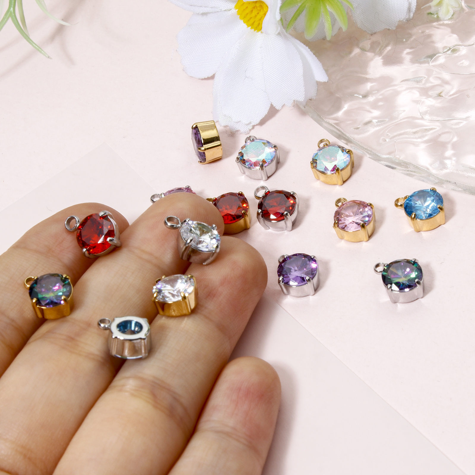 Bild von 1 Stück 304 Edelstahl Charms Rund mit Zirkon 11mm x 8mm