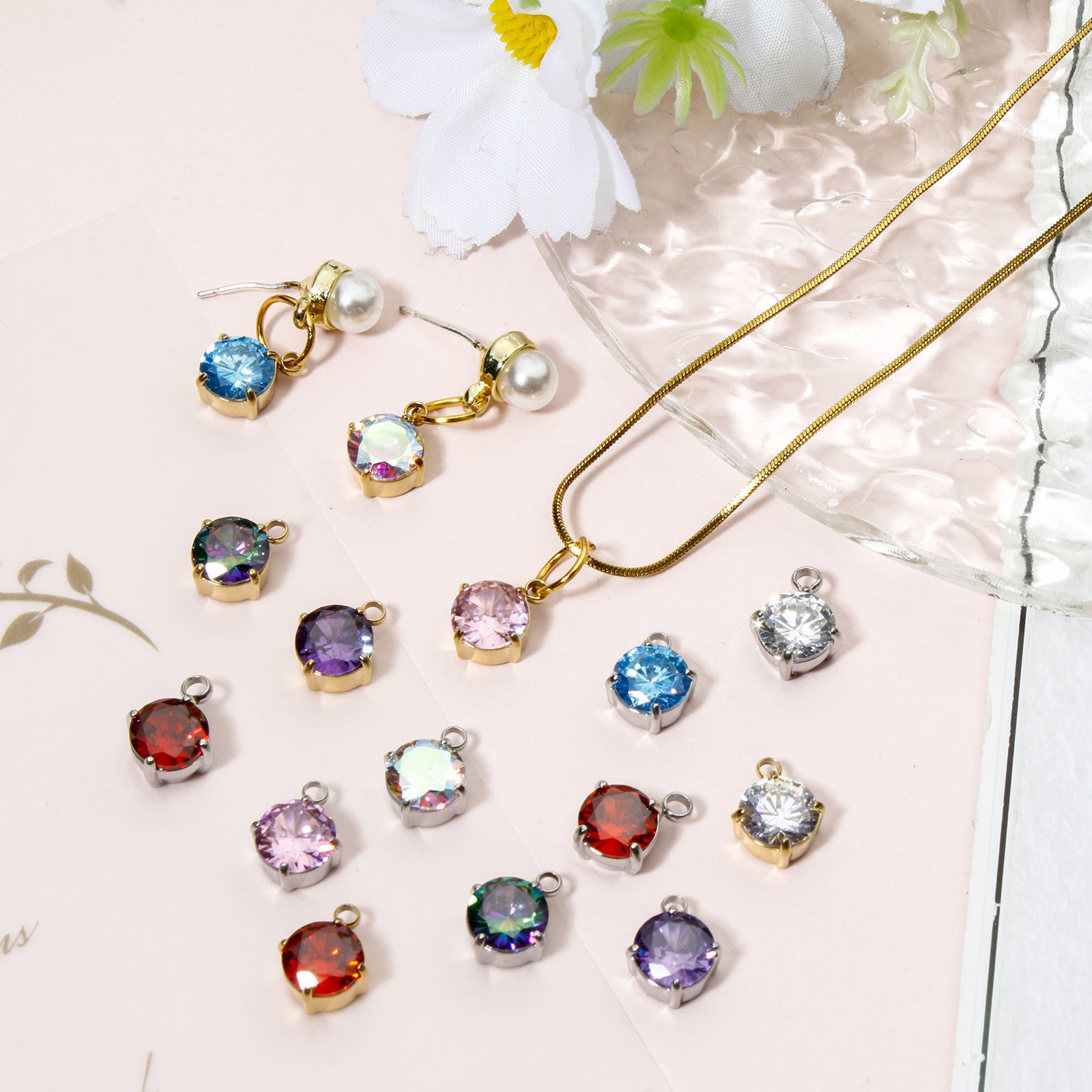 Bild von 1 Stück 304 Edelstahl Charms Rund mit Zirkon 11mm x 8mm