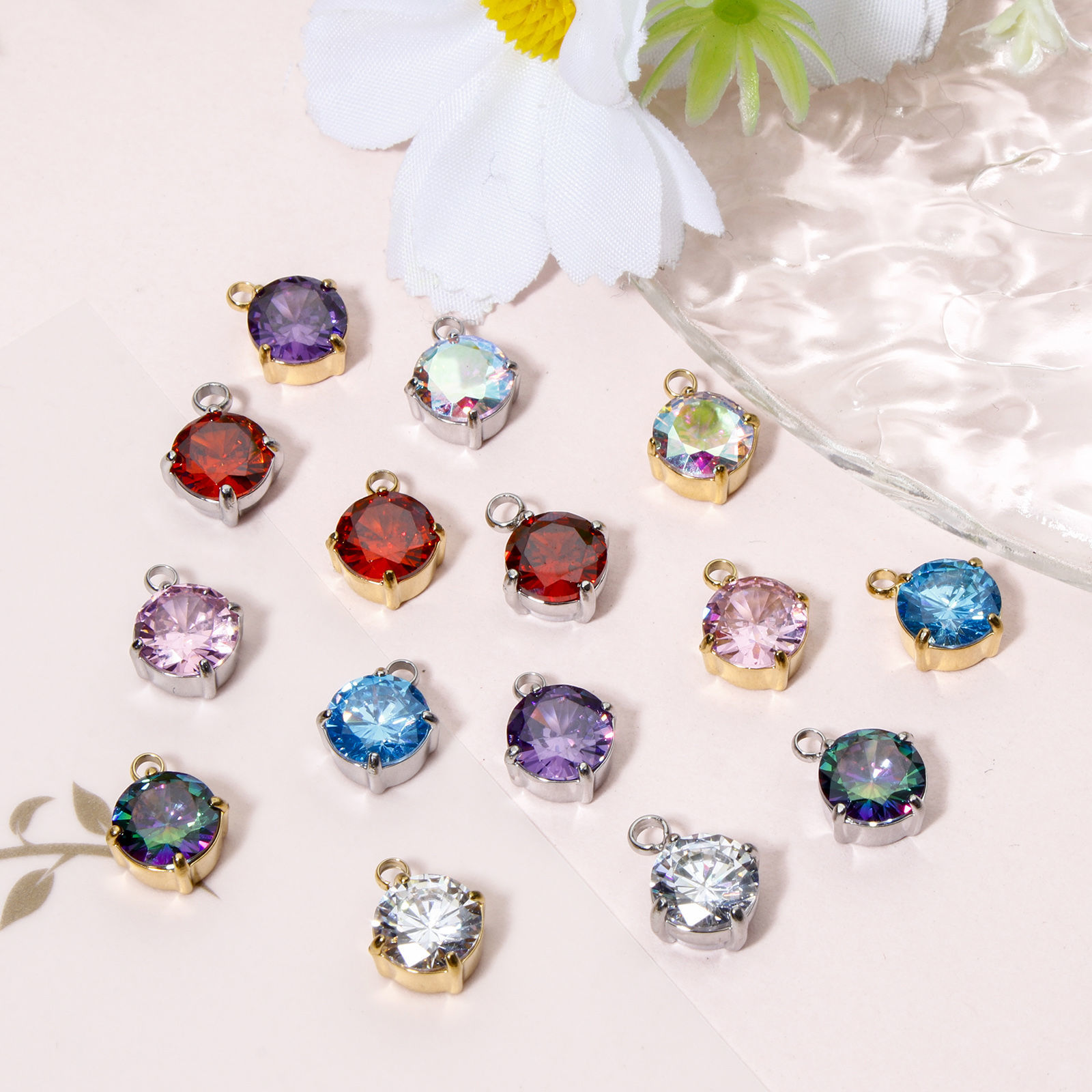 Bild von 1 Stück 304 Edelstahl Charms Rund mit Zirkon 11mm x 8mm