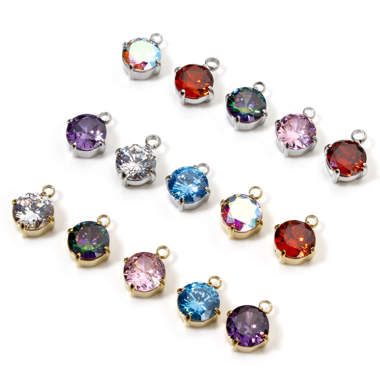 Bild von 1 Stück 304 Edelstahl Charms Rund mit Zirkon 11mm x 8mm