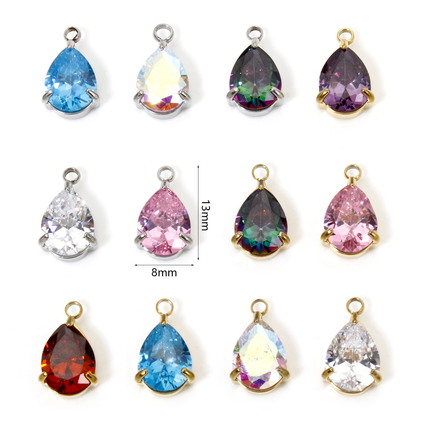 Picture of 304 Stainless Steel Charms Drop Cubic Zirconia 13mm x 8mm