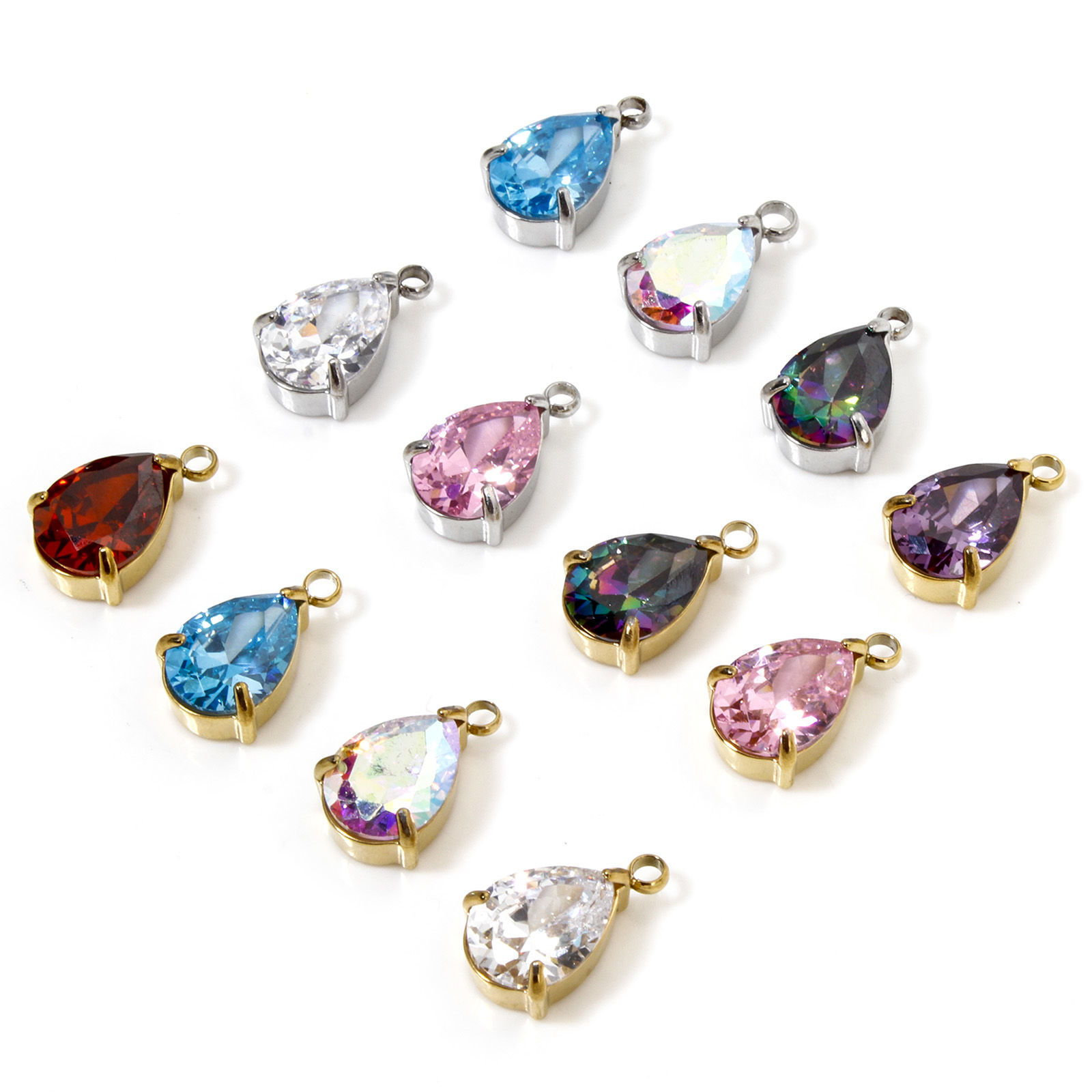 Picture of 304 Stainless Steel Charms Drop Cubic Zirconia 13mm x 8mm