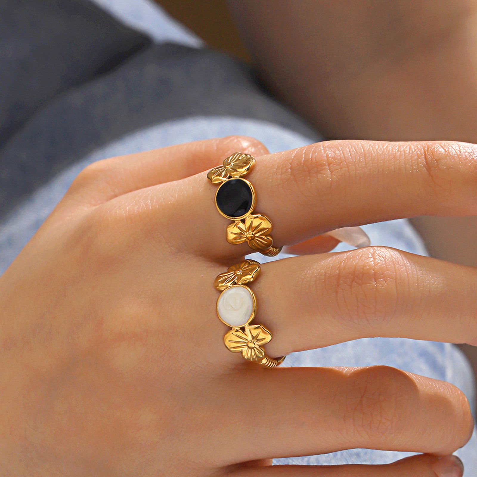 Picture of Vacuum Plating Stylish Hip-Hop 18K Gold Plated Multicolor 304 Stainless Steel Open Round Flower Enamel Rings For Women Party