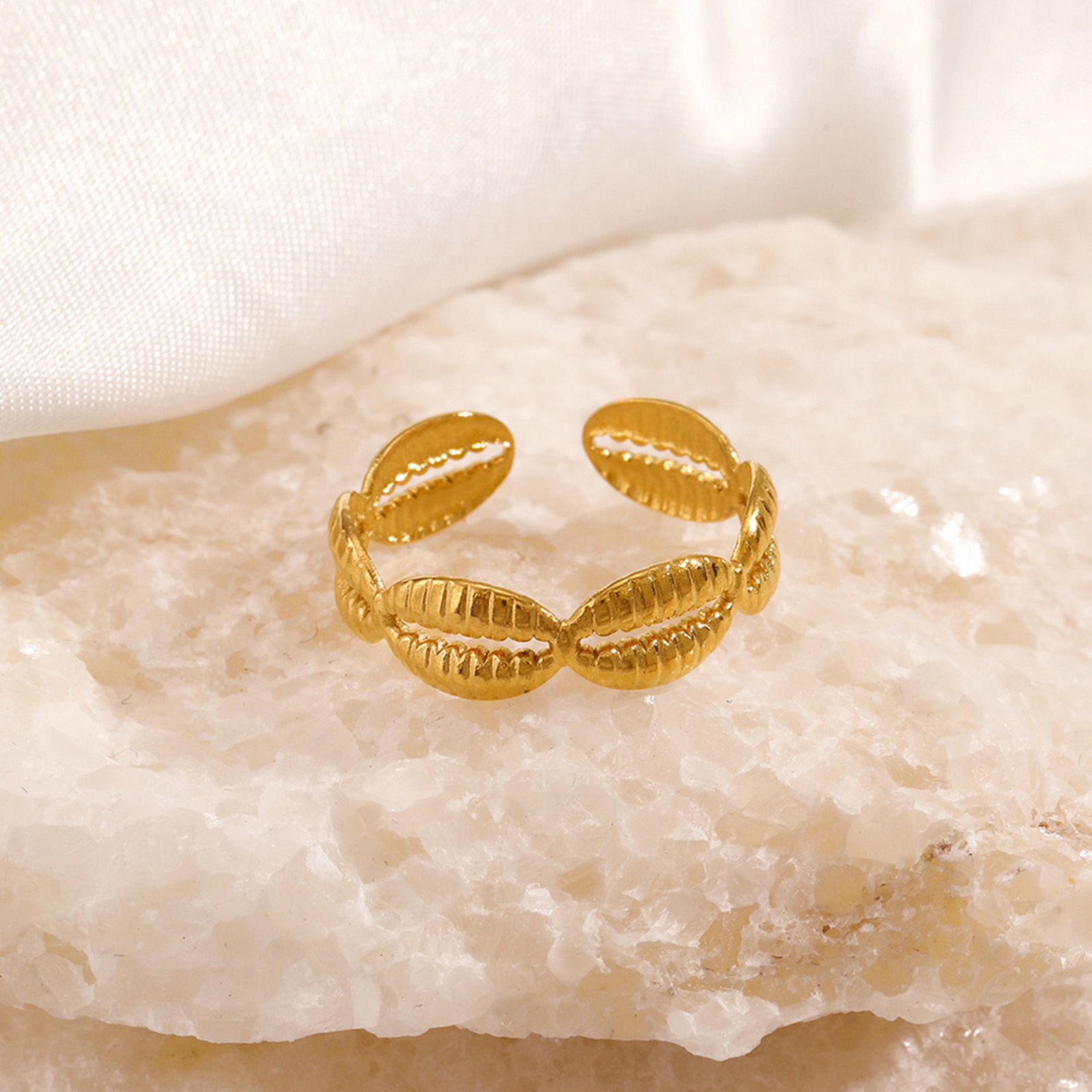 Bild von 1 Stück Vakuumbeschichtung 304 Edelstahl Ozean Schmuck Offen Verstellbar Ring Vergoldet Muschel